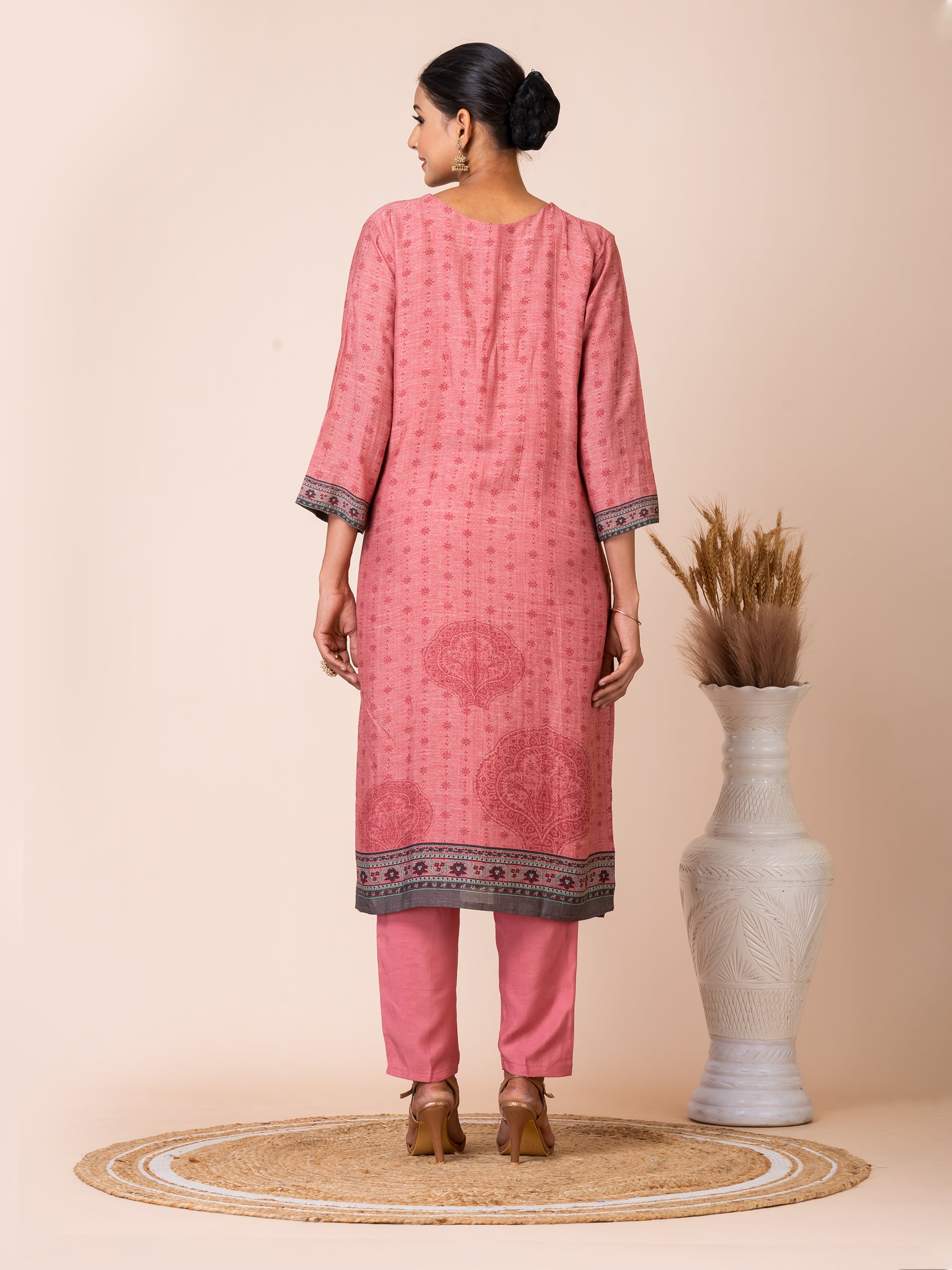 Coral Printed Bemberg Linen Kurta Set with Artistic Dupatta Sarso