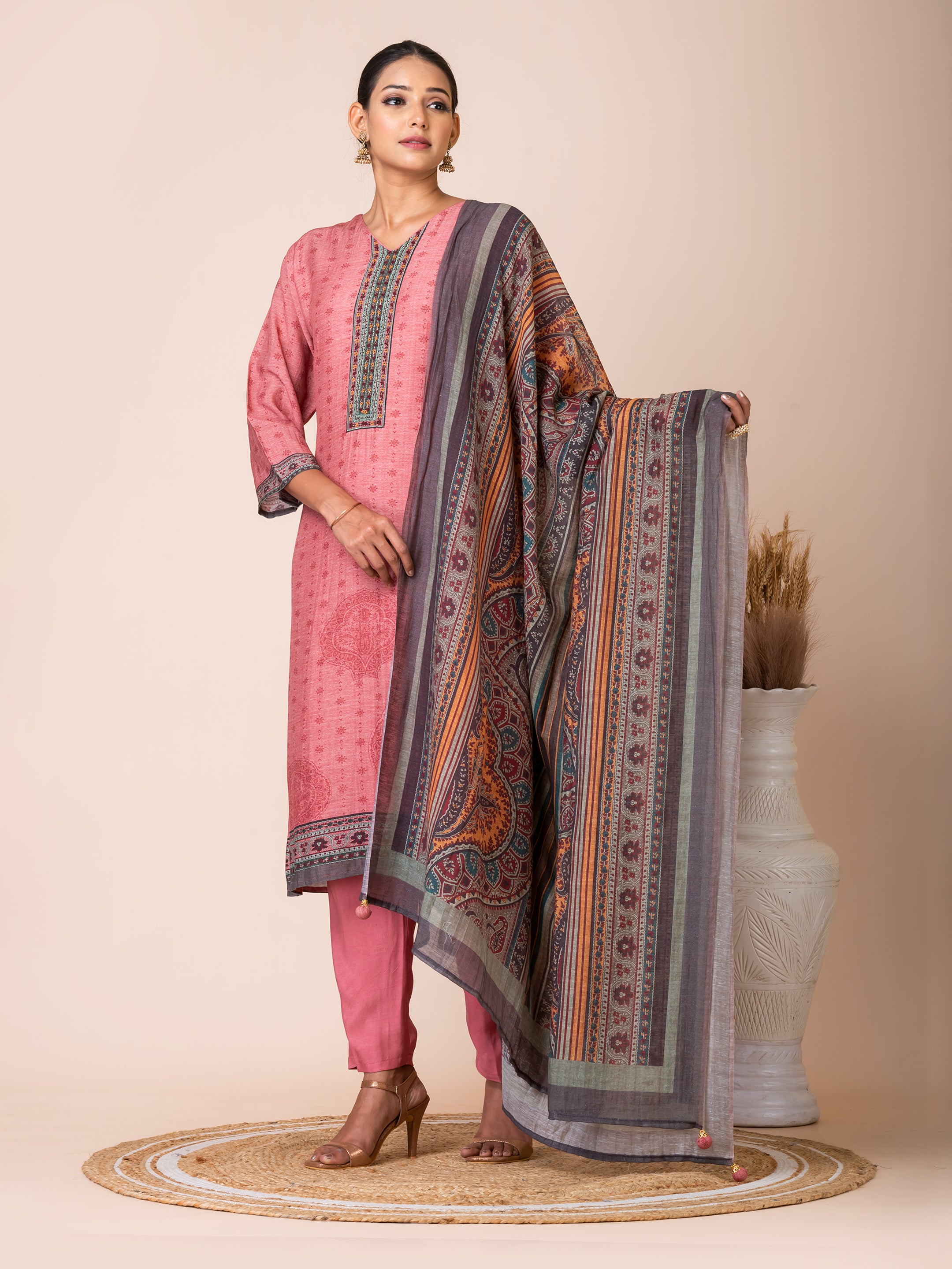 Coral Printed Bemberg Linen Kurta Set with Artistic Dupatta Sarso