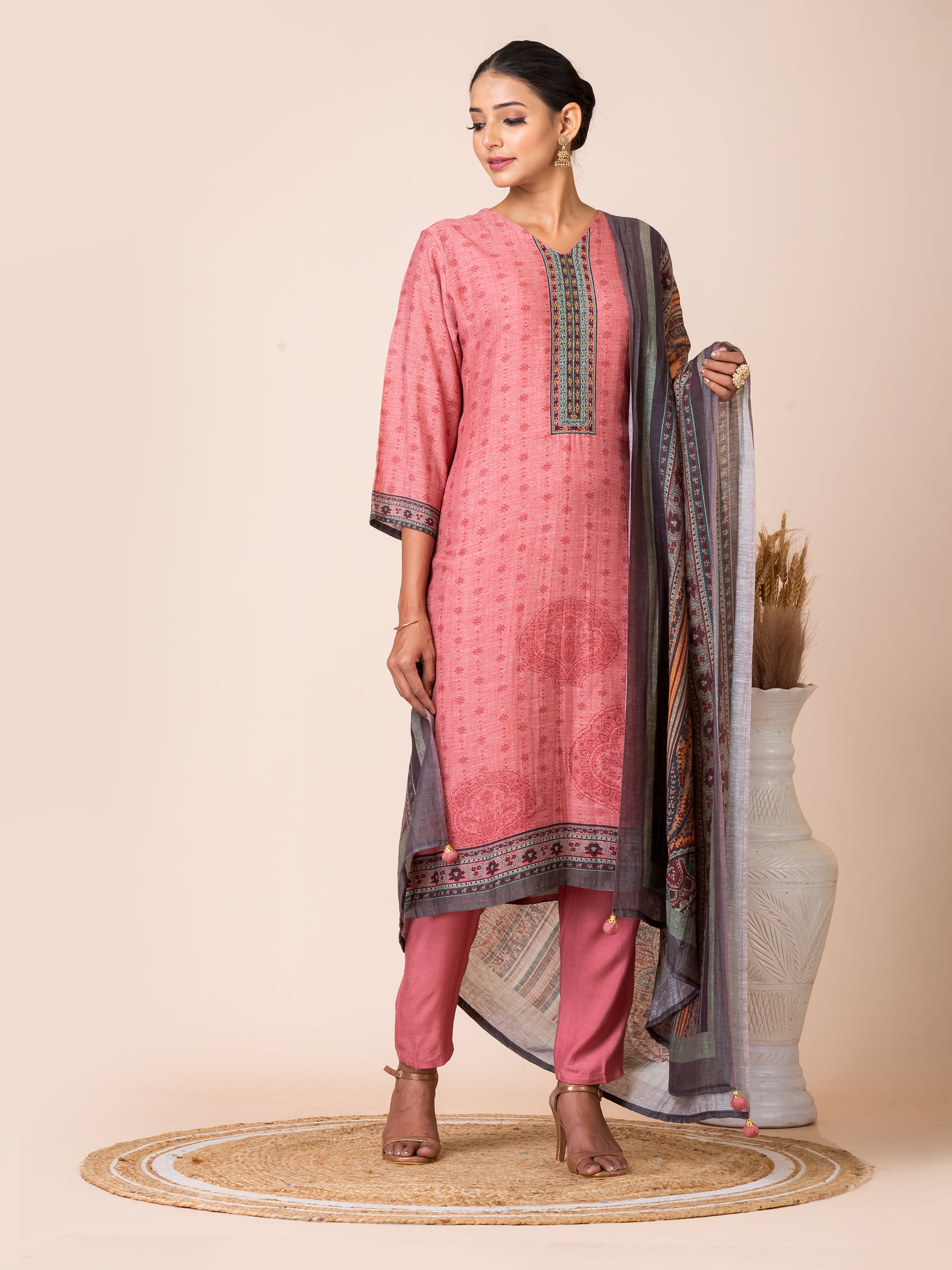 Coral Printed Bemberg Linen Kurta Set with Artistic Dupatta Sarso