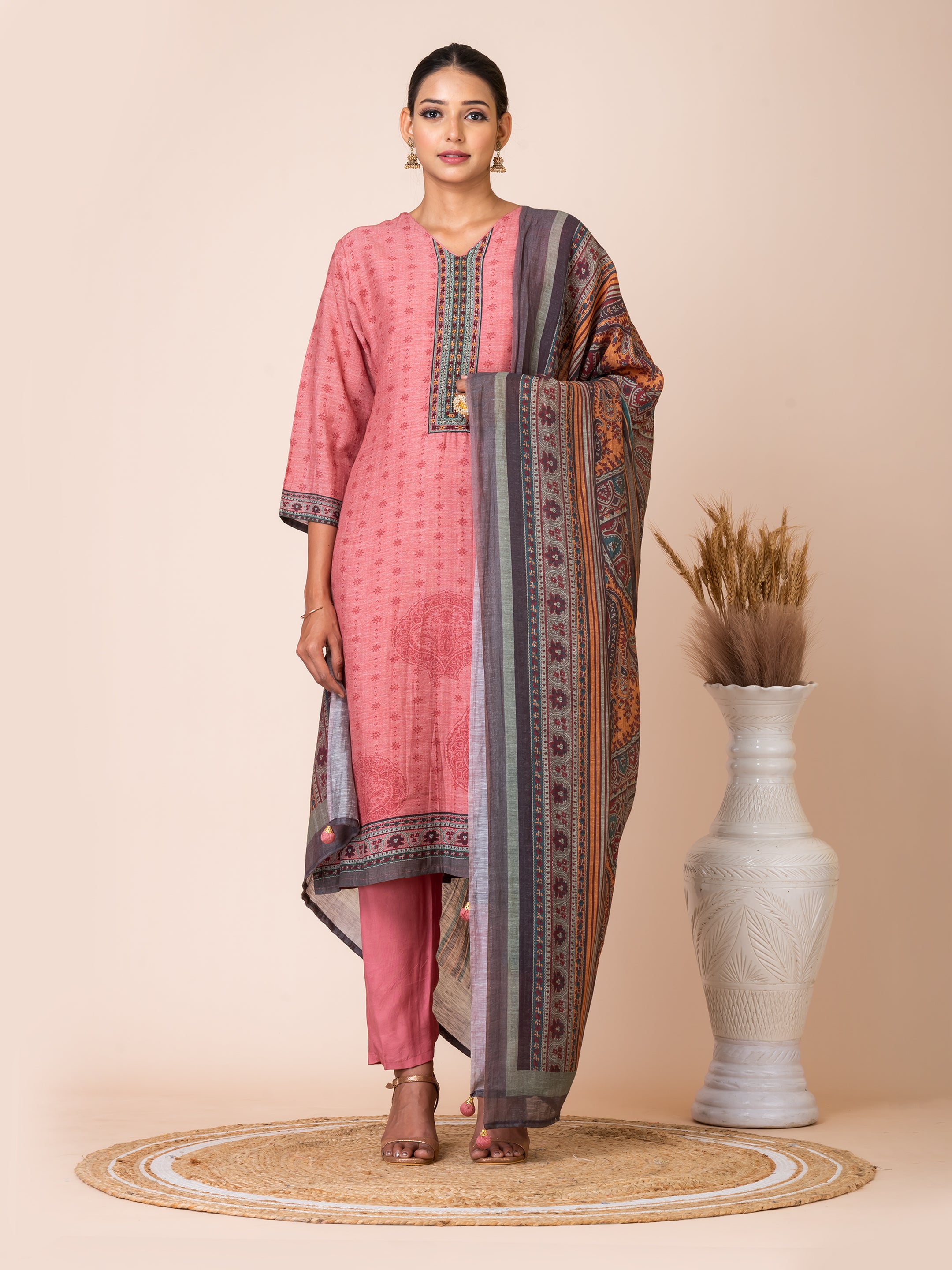 Coral Printed Bemberg Linen Kurta Set with Artistic Dupatta Sarso