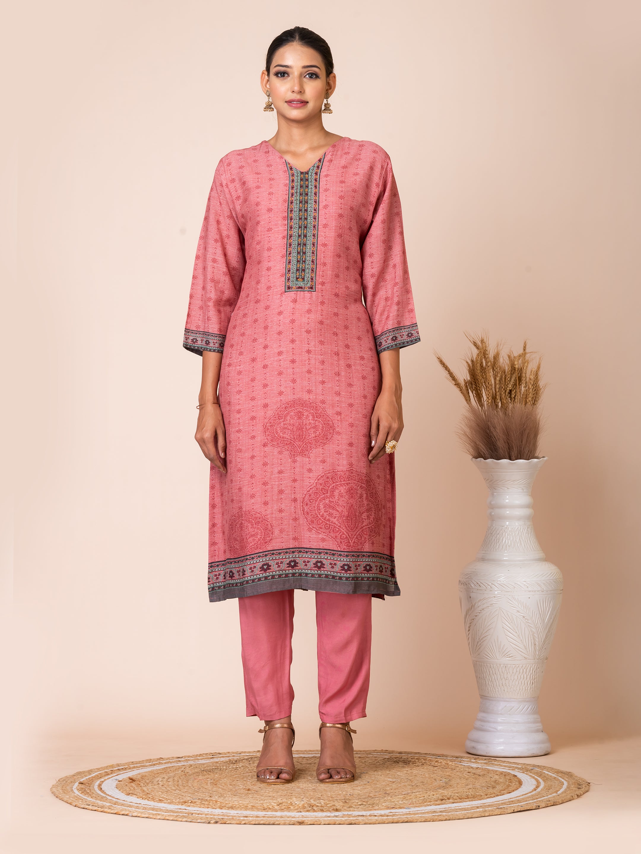 Coral Printed Bemberg Linen Kurta Set with Artistic Dupatta Sarso