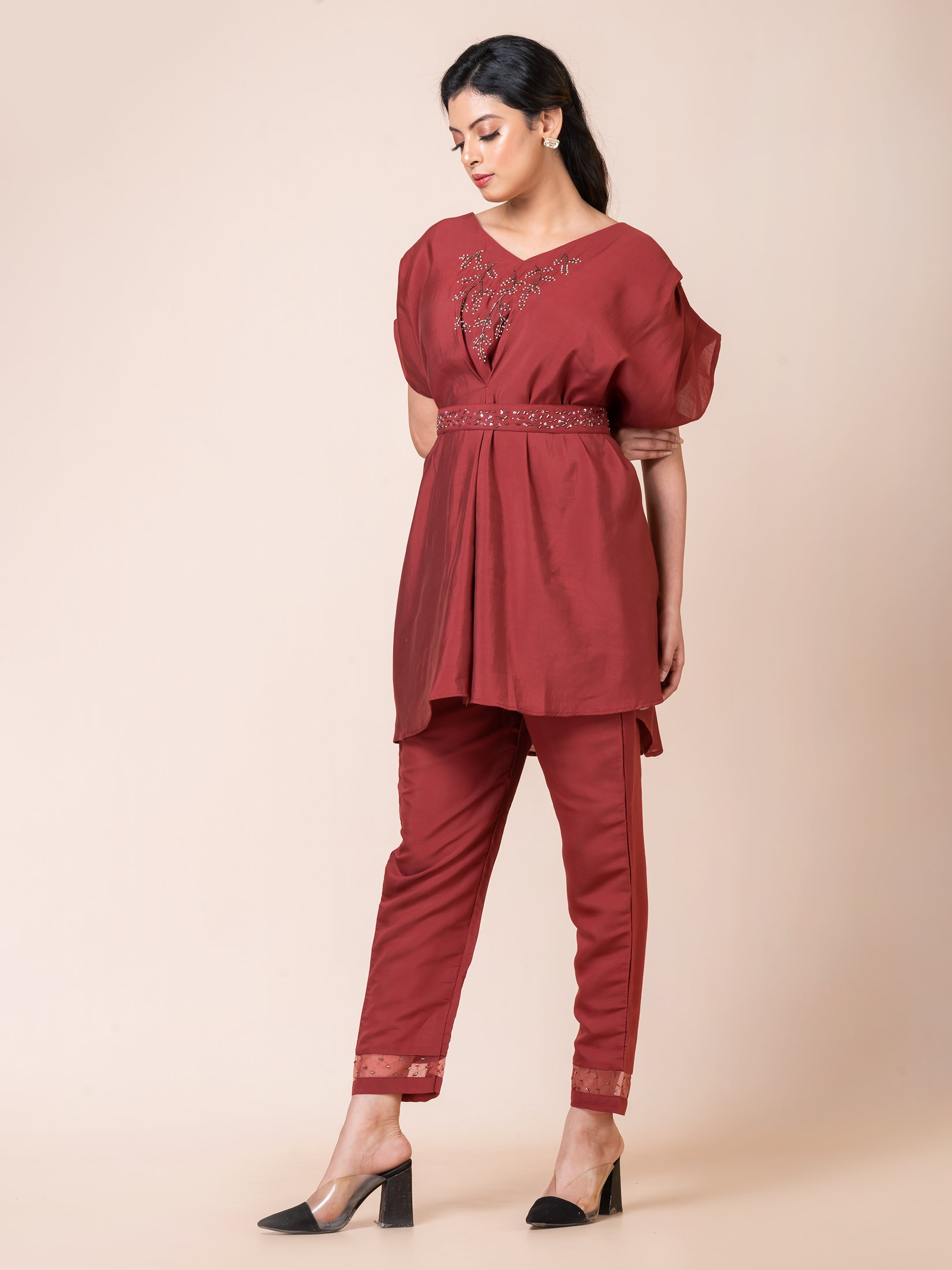 Rustic Red Muslin Indo Western Set with Elegant Handwork by Sarso Sarso