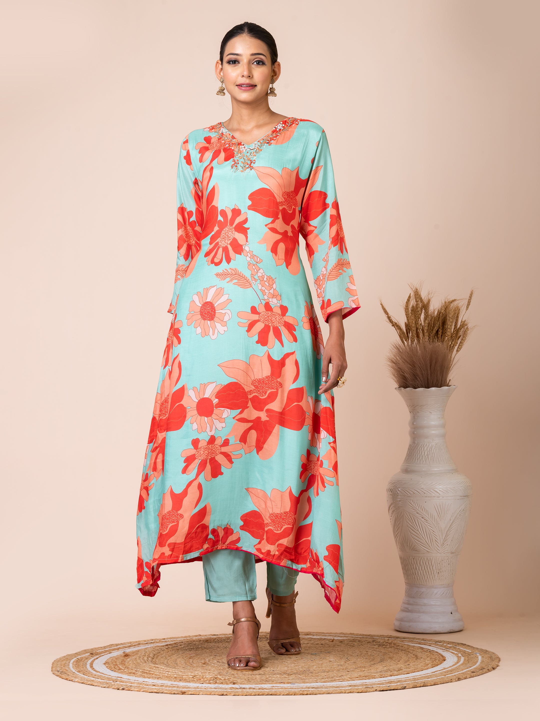 Elegant Turquoise Floral Handwork Kurta Set by Sarso Sarso