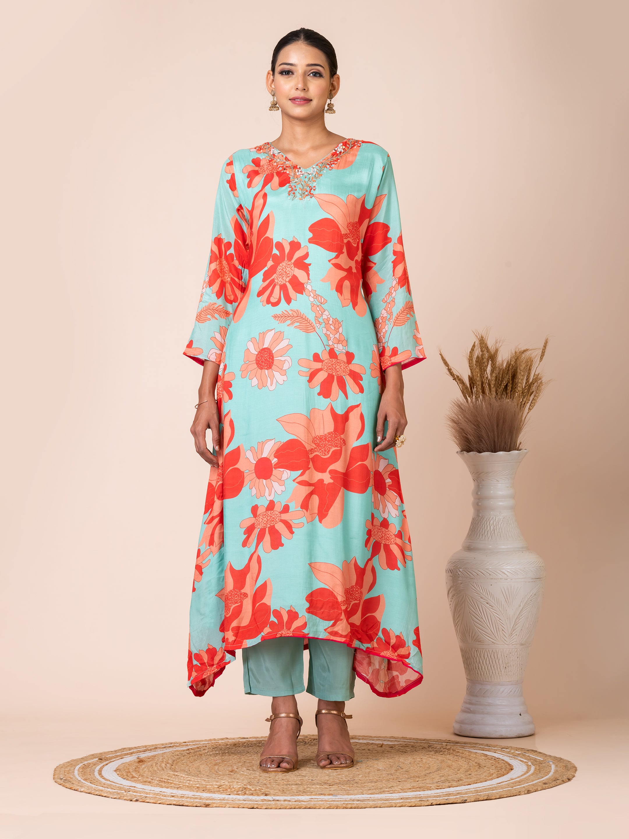 Elegant Turquoise Floral Handwork Kurta Set by Sarso Sarso