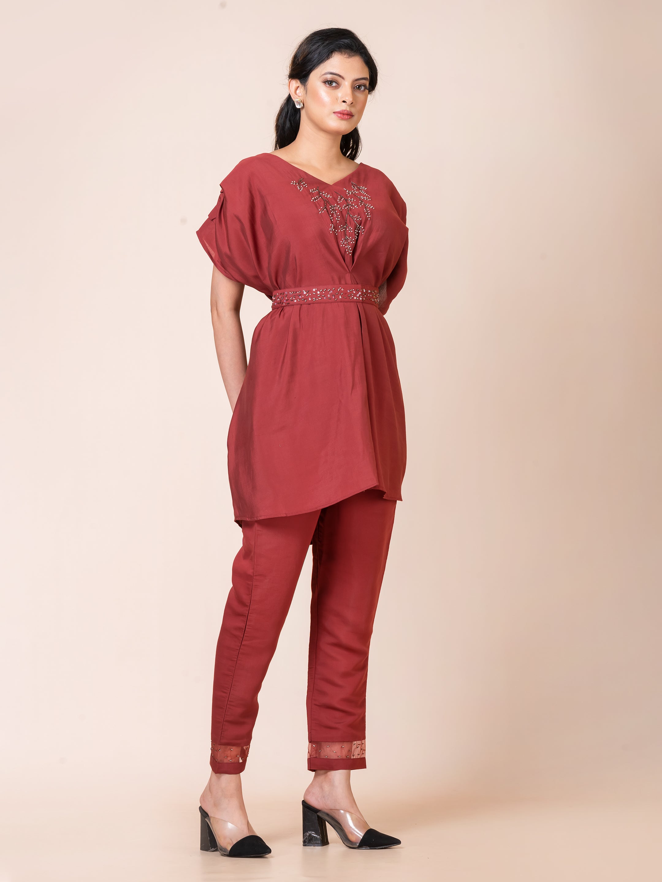 Rustic Red Muslin Indo Western Set with Elegant Handwork by Sarso Sarso