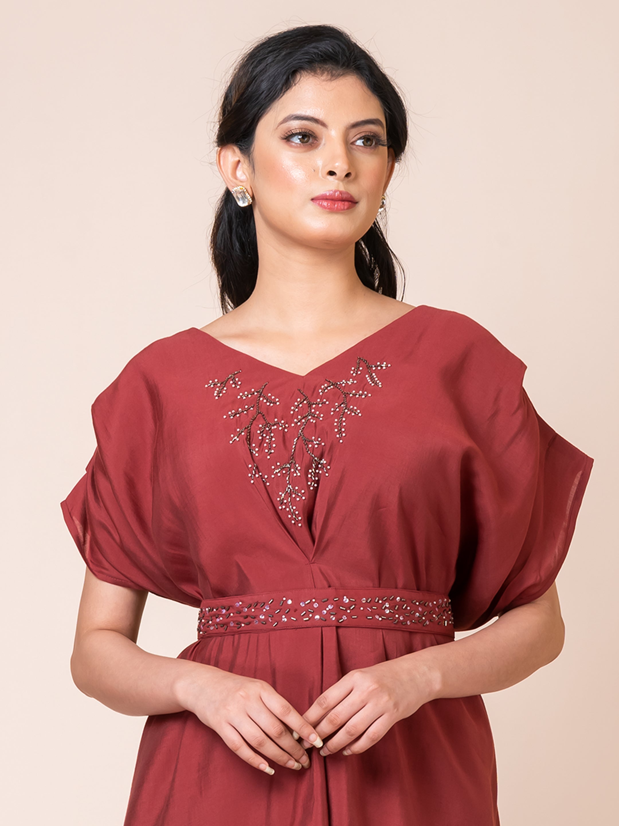 Rustic Red Muslin Indo Western Set with Elegant Handwork by Sarso Sarso