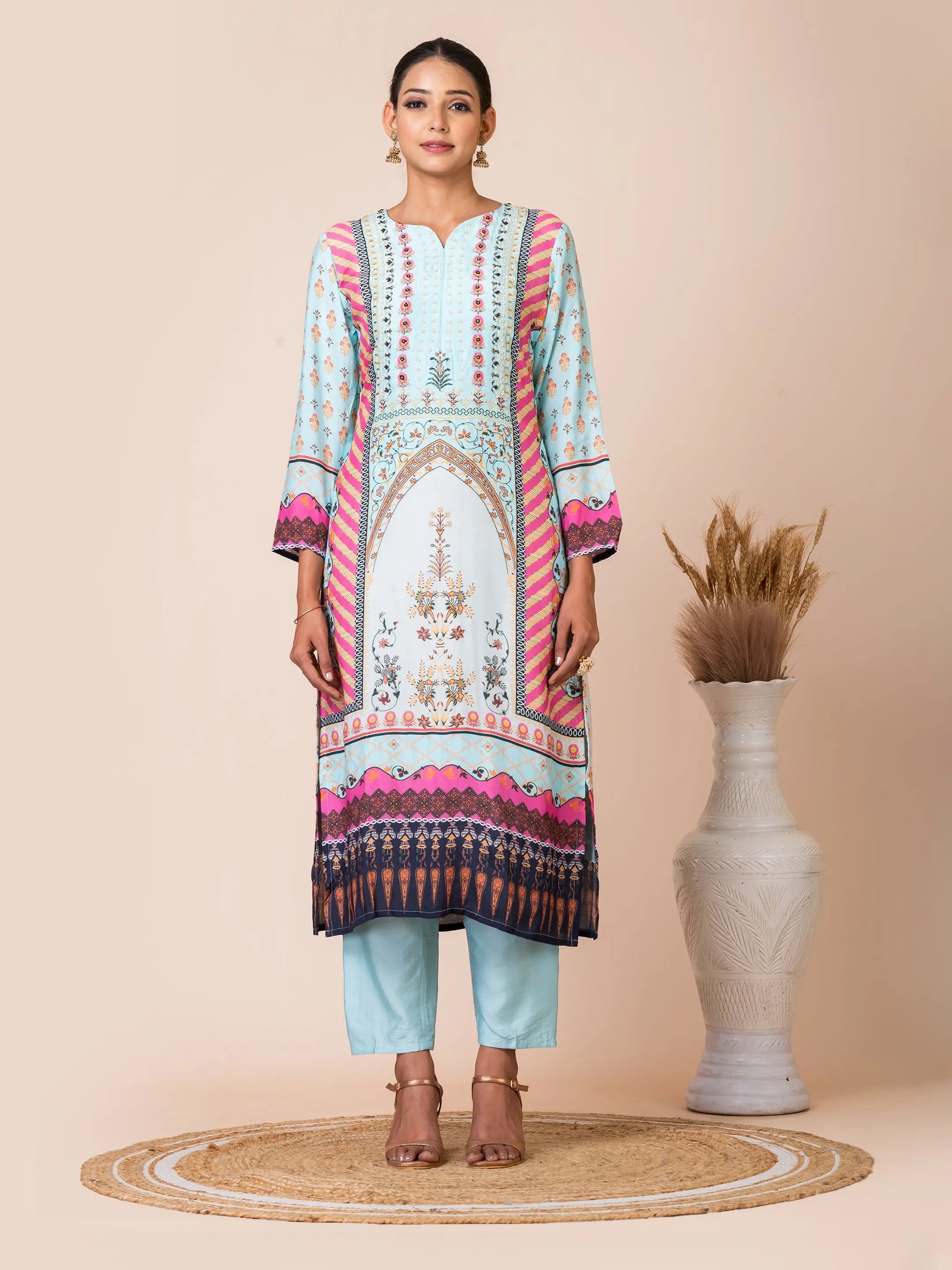 Colourful Pakistani Print Kurta Set with Handwork Detailing Sarso