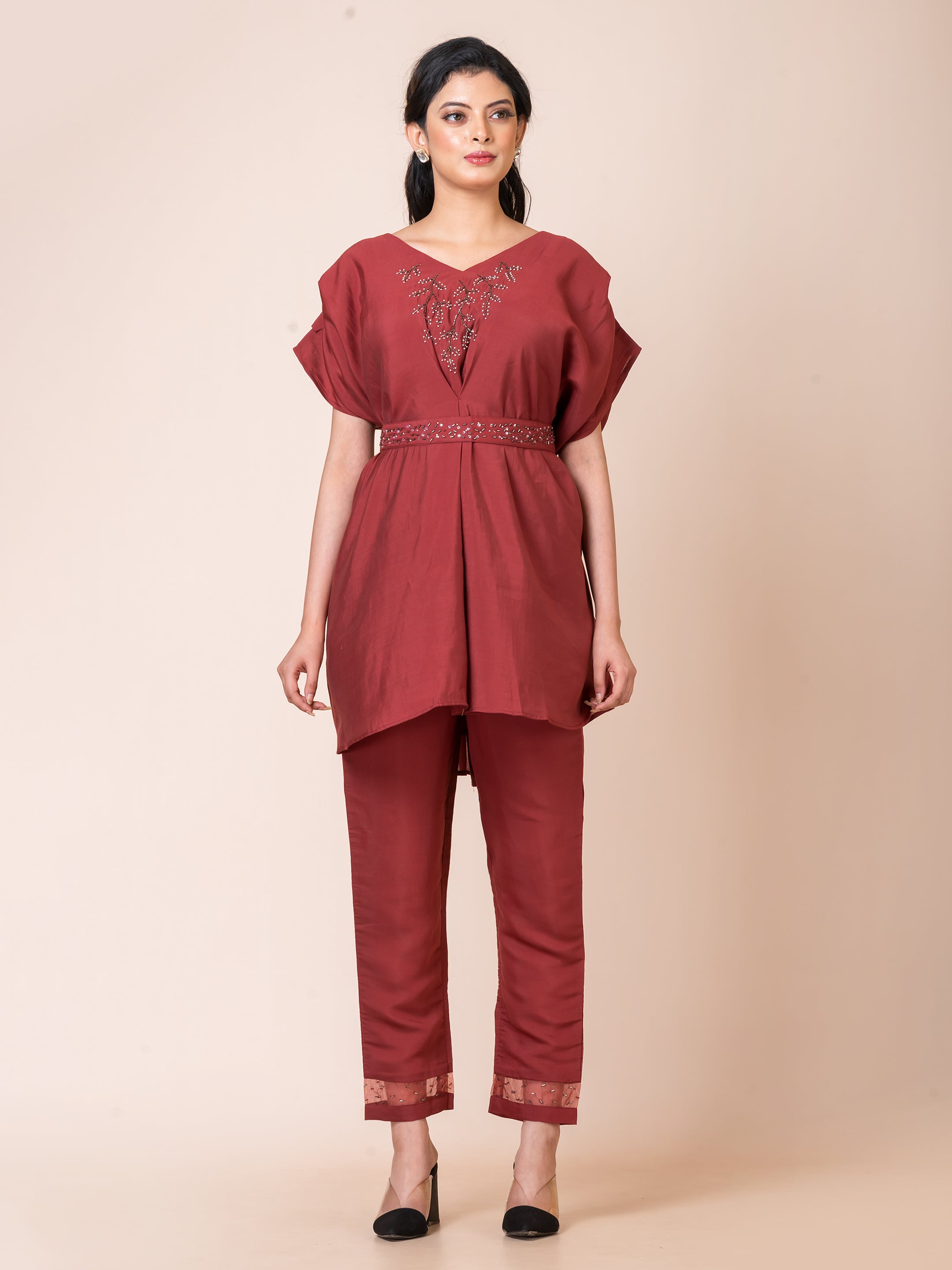 Rustic Red Muslin Indo Western Set with Elegant Handwork by Sarso Sarso