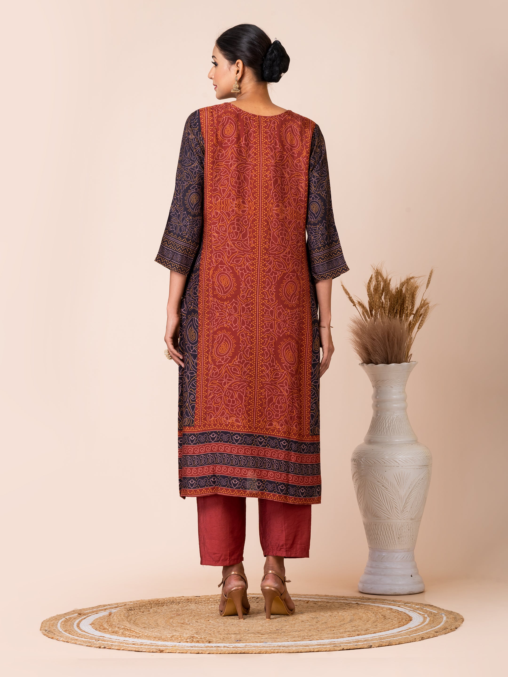 Luxurious Maroon and Black Bandhani Print Kurta Set by Sarso Sarso