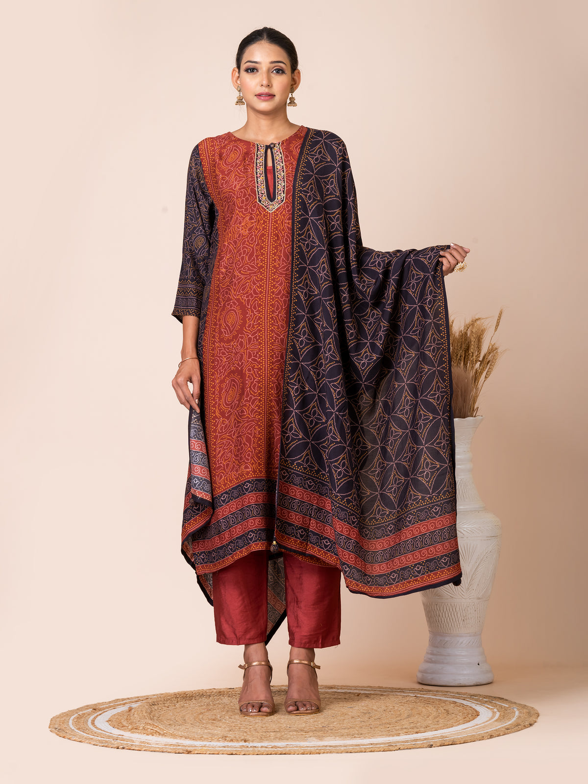 Luxurious Maroon and Black Bandhani Print Kurta Set by Sarso Sarso