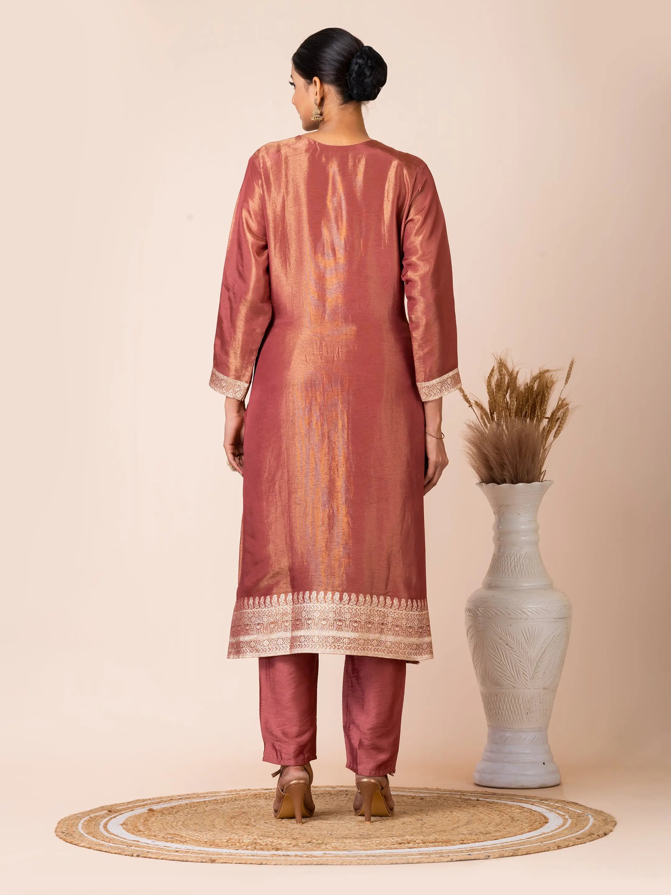 Traditional Tissue Jacquard Kurta Set Embellished with Handwork Sarso