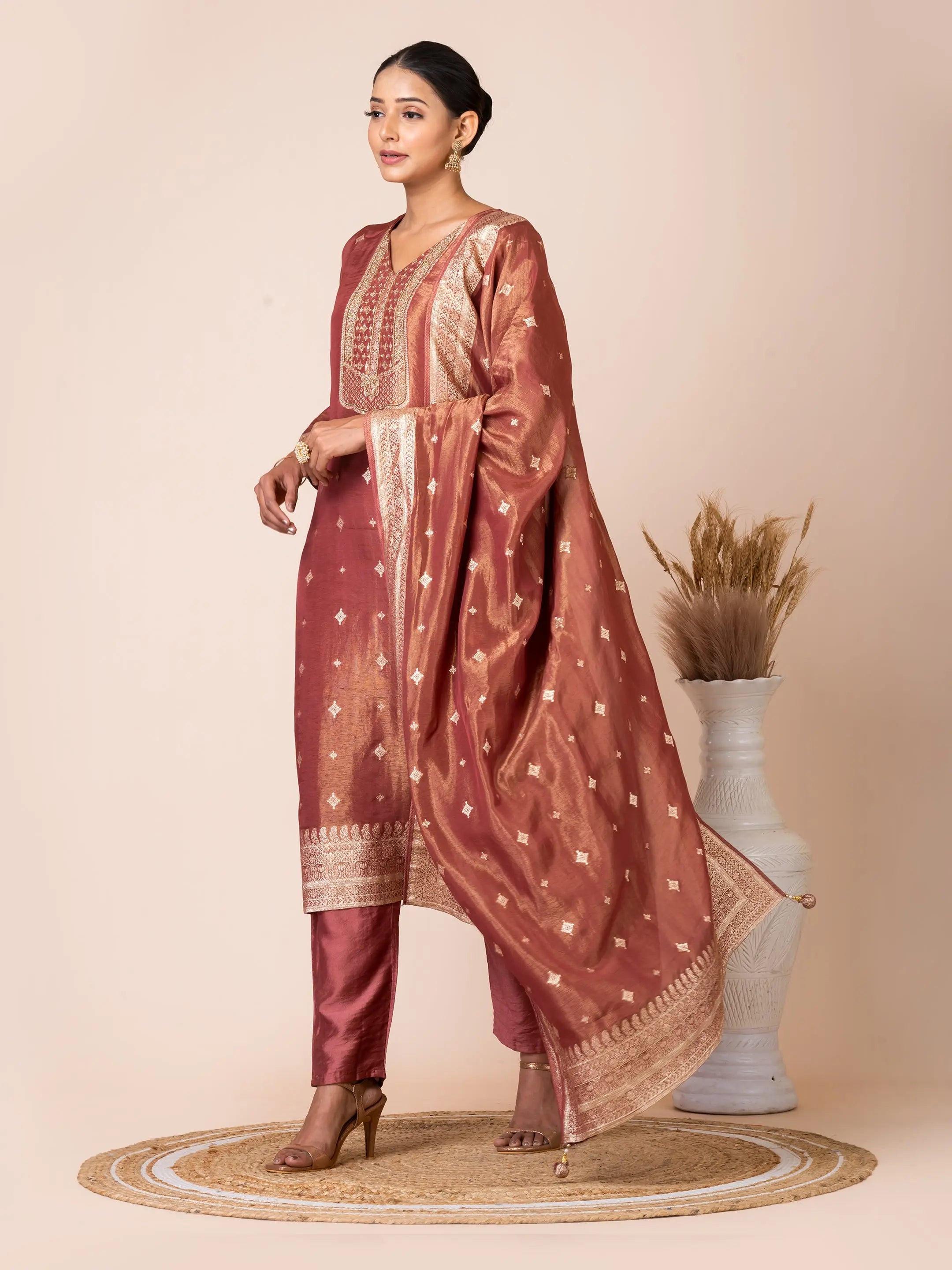 Traditional Tissue Jacquard Kurta Set Embellished with Handwork Sarso