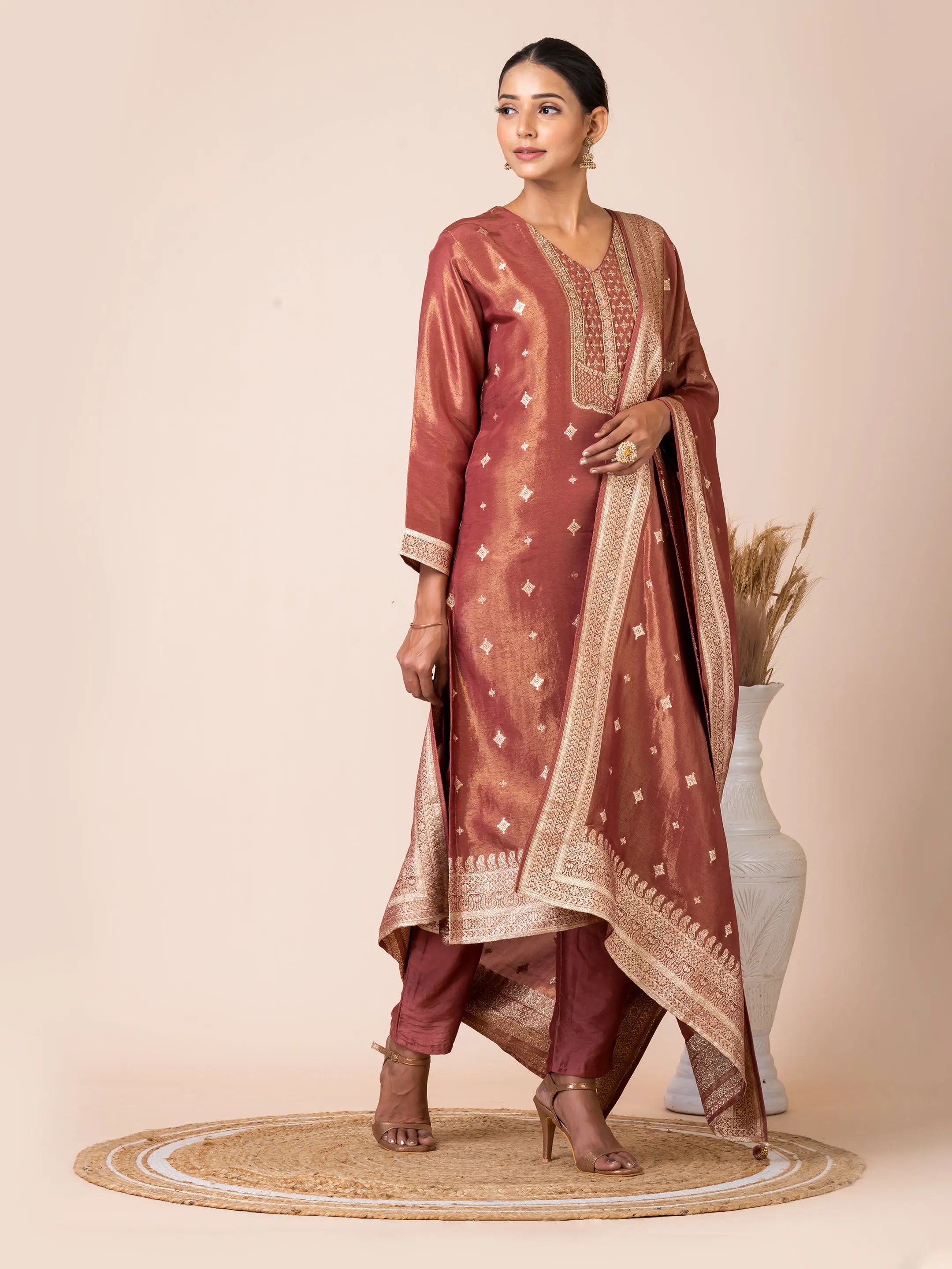 Traditional Tissue Jacquard Kurta Set Embellished with Handwork Sarso