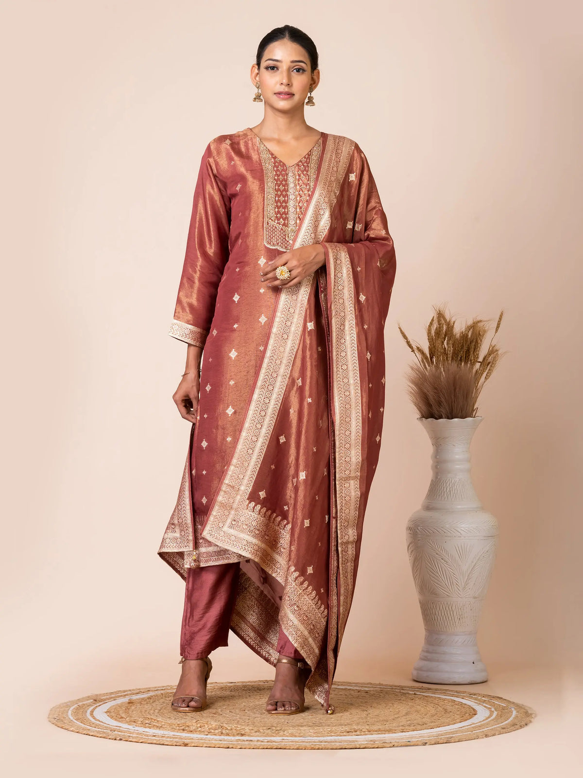 Traditional Tissue Jacquard Kurta Set Embellished with Handwork Sarso