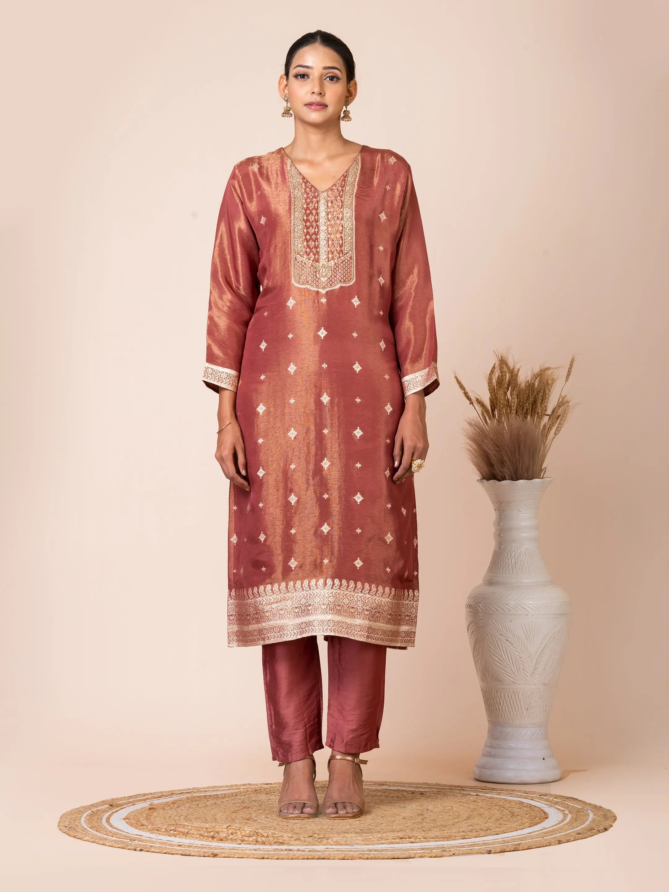 Traditional Tissue Jacquard Kurta Set Embellished with Handwork Sarso