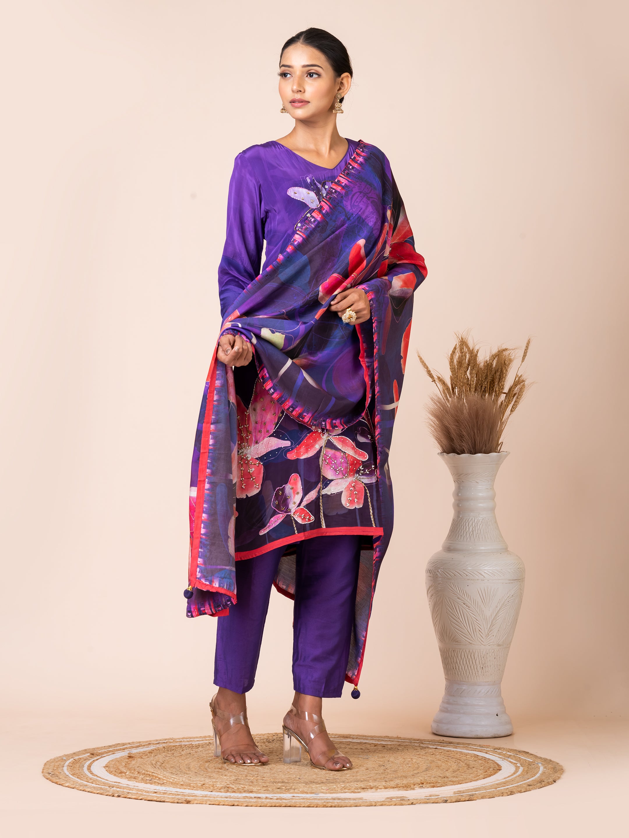 Vibrant Purple Floral Kurta Set with Bold Dupatta Sarso