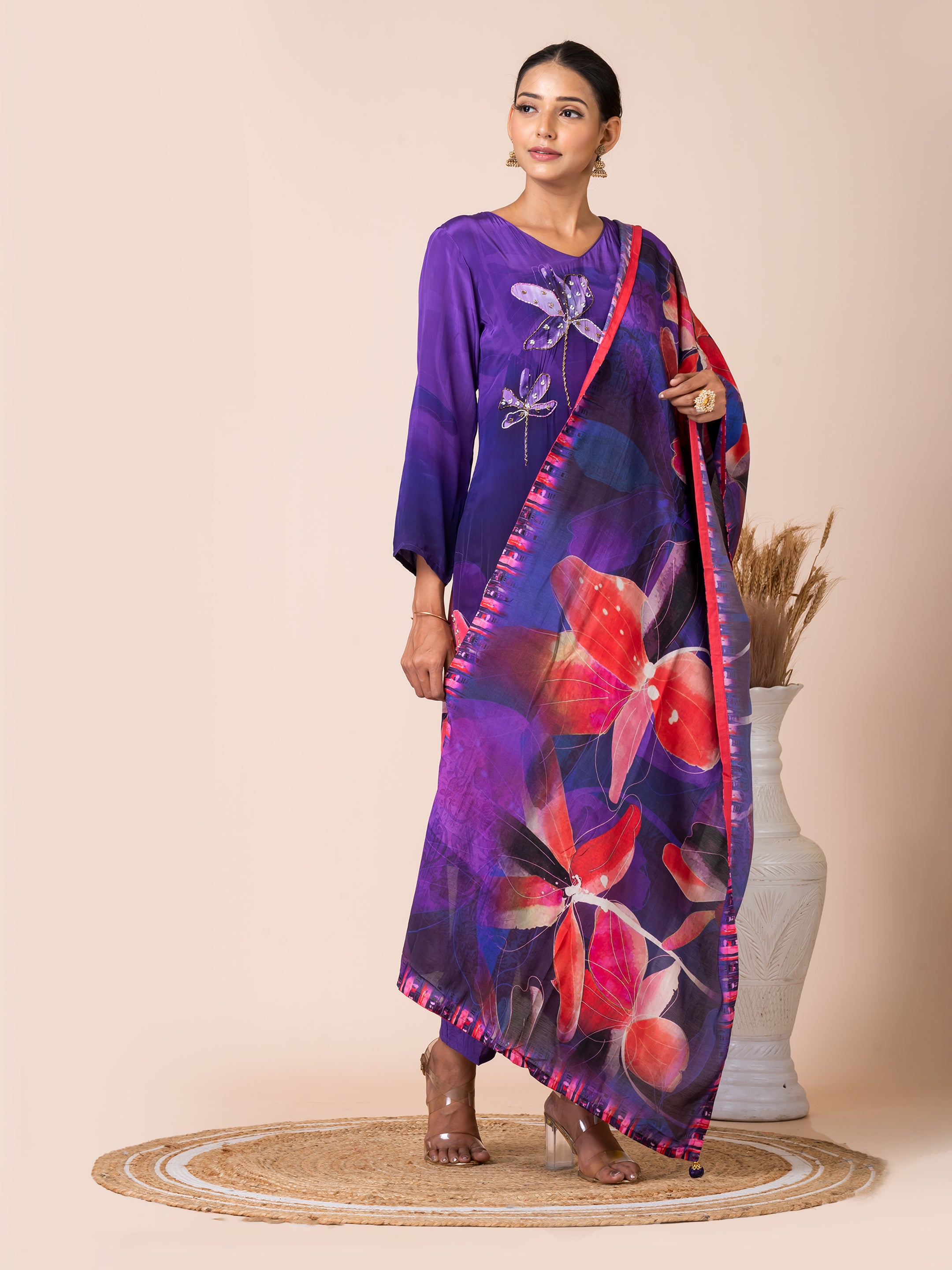 Vibrant Purple Floral Kurta Set with Bold Dupatta Sarso