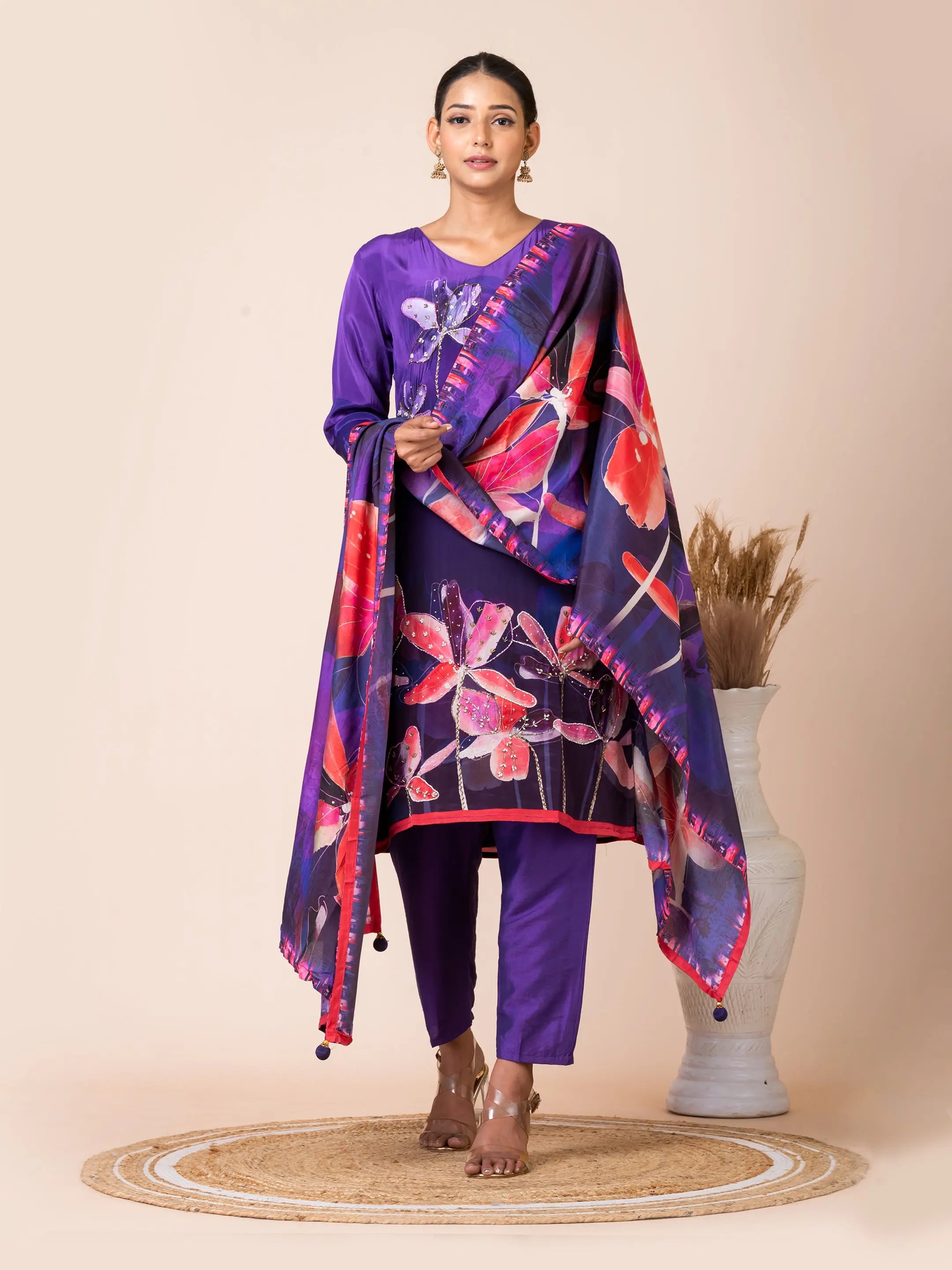 Vibrant Purple Floral Kurta Set with Bold Dupatta Sarso