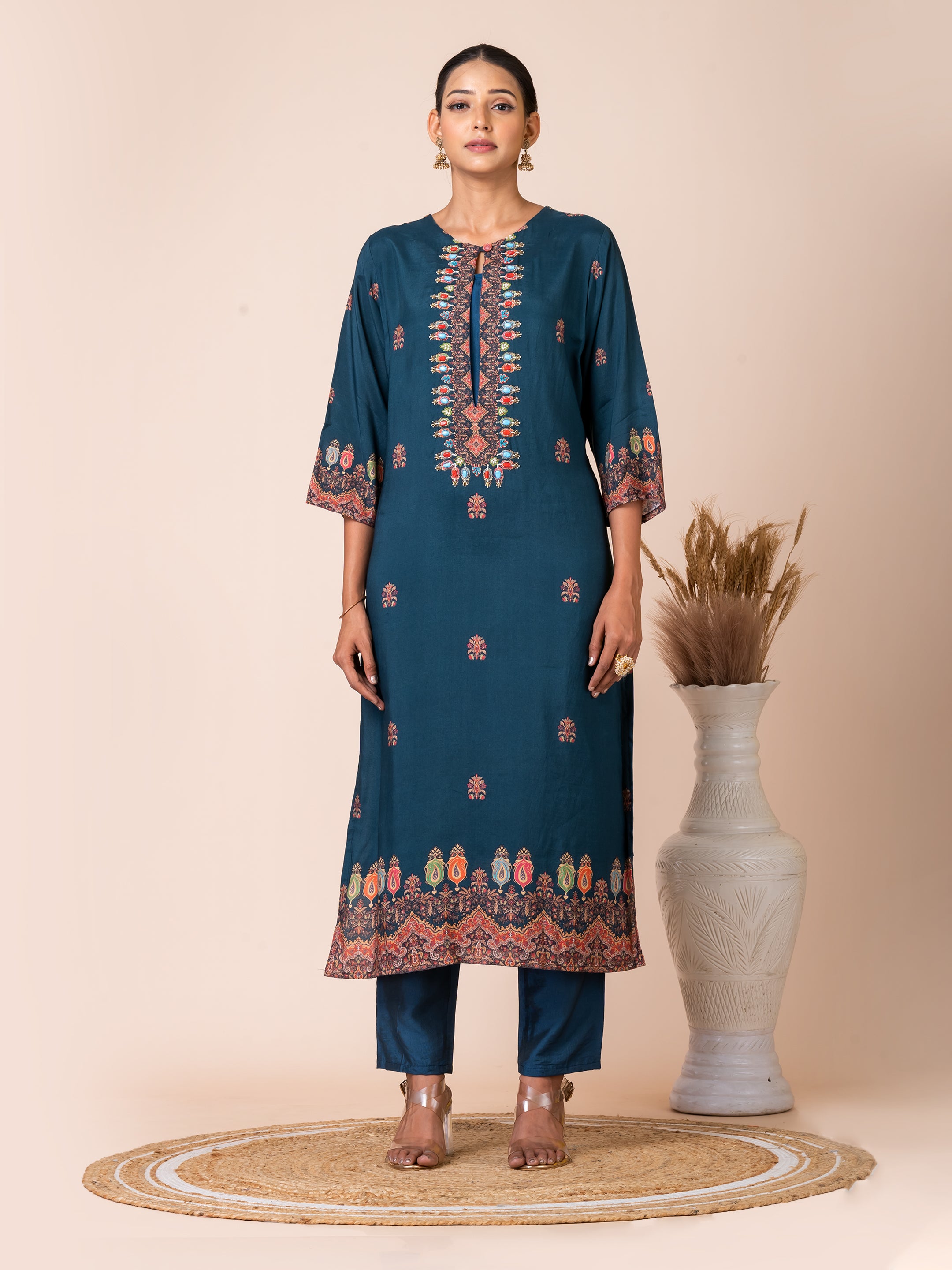 Enchanting Teal Pakistani Print Kurta Set with Stone Work Sarso