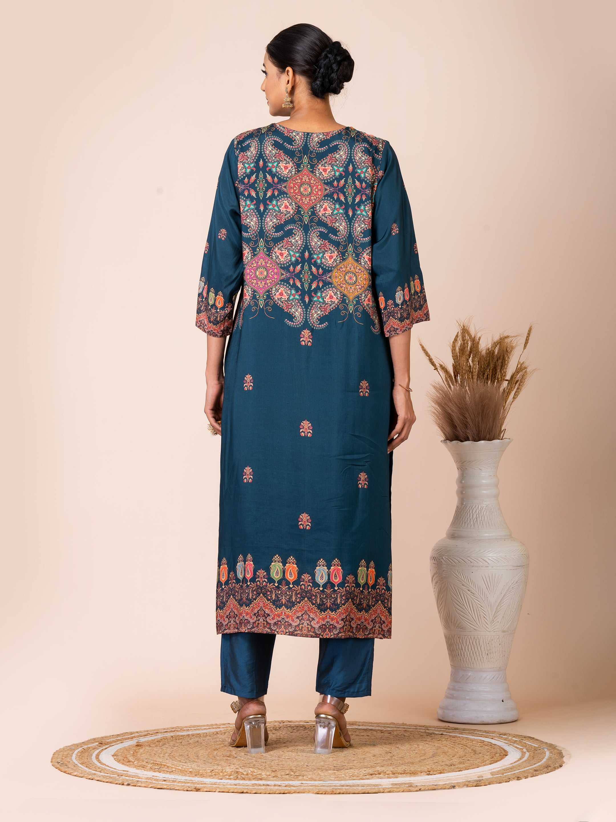 Enchanting Teal Pakistani Print Kurta Set with Stone Work Sarso