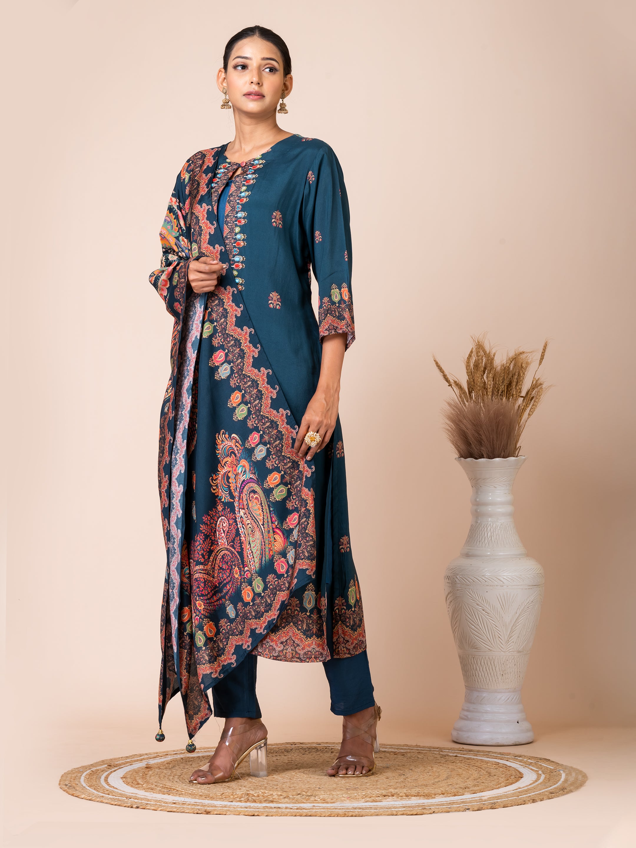 Enchanting Teal Pakistani Print Kurta Set with Stone Work Sarso