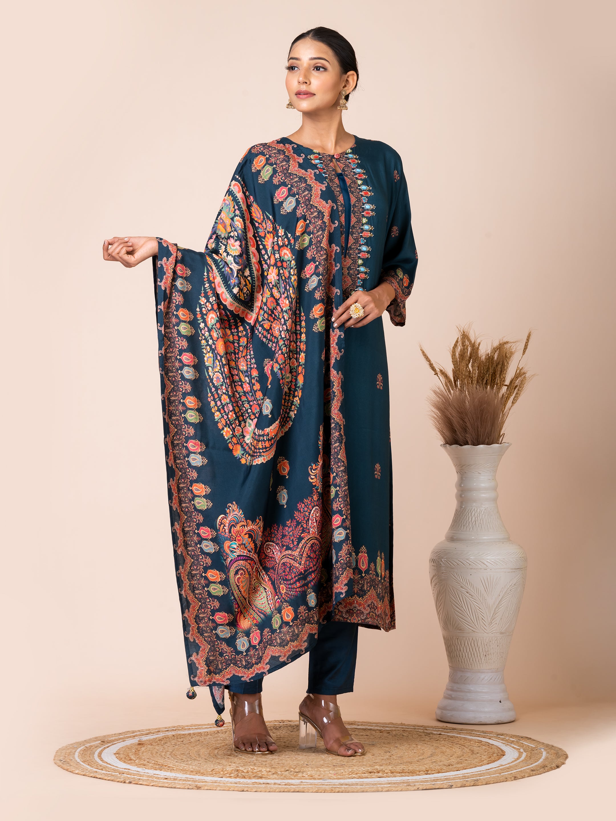 Enchanting Teal Pakistani Print Kurta Set with Stone Work Sarso