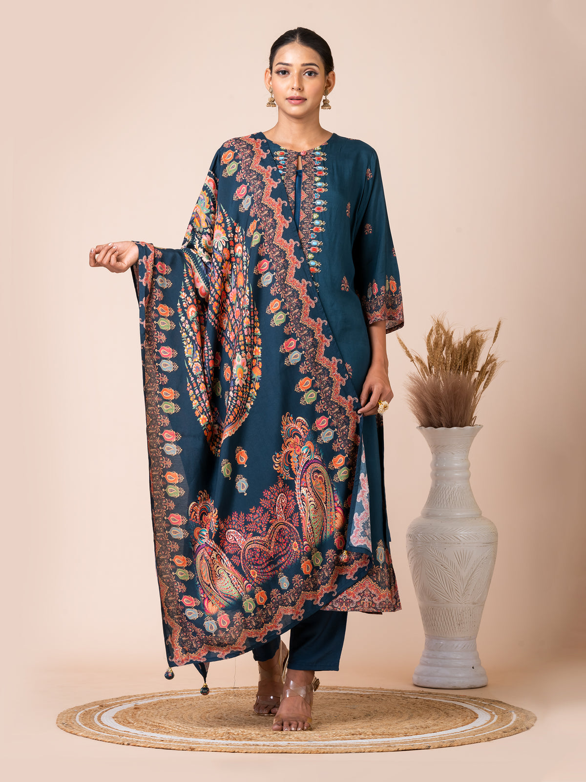 Enchanting Teal Pakistani Print Kurta Set with Stone Work Sarso