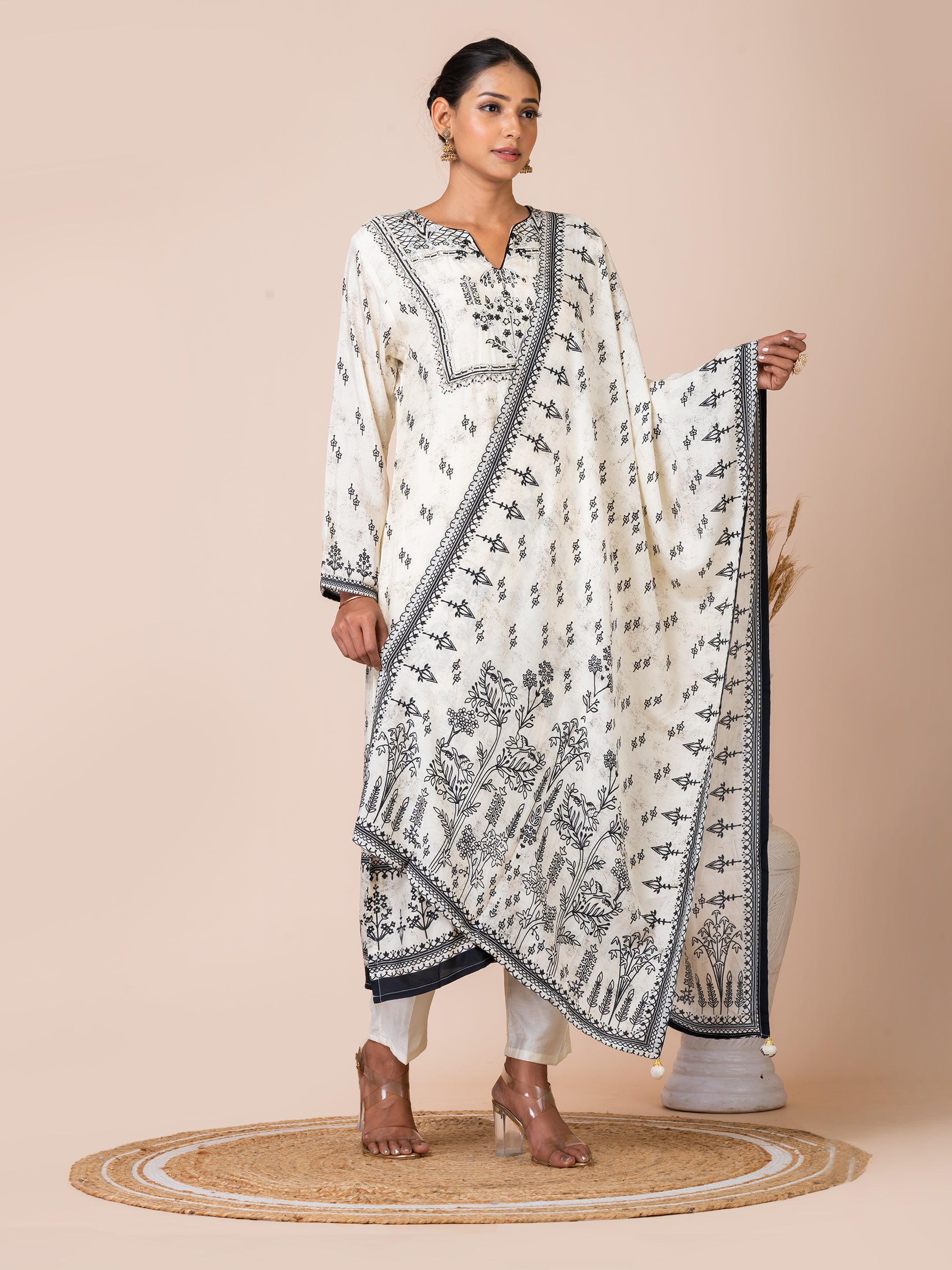 Black and White Nature Print Kurta Set with Handwork by Sarso Sarso