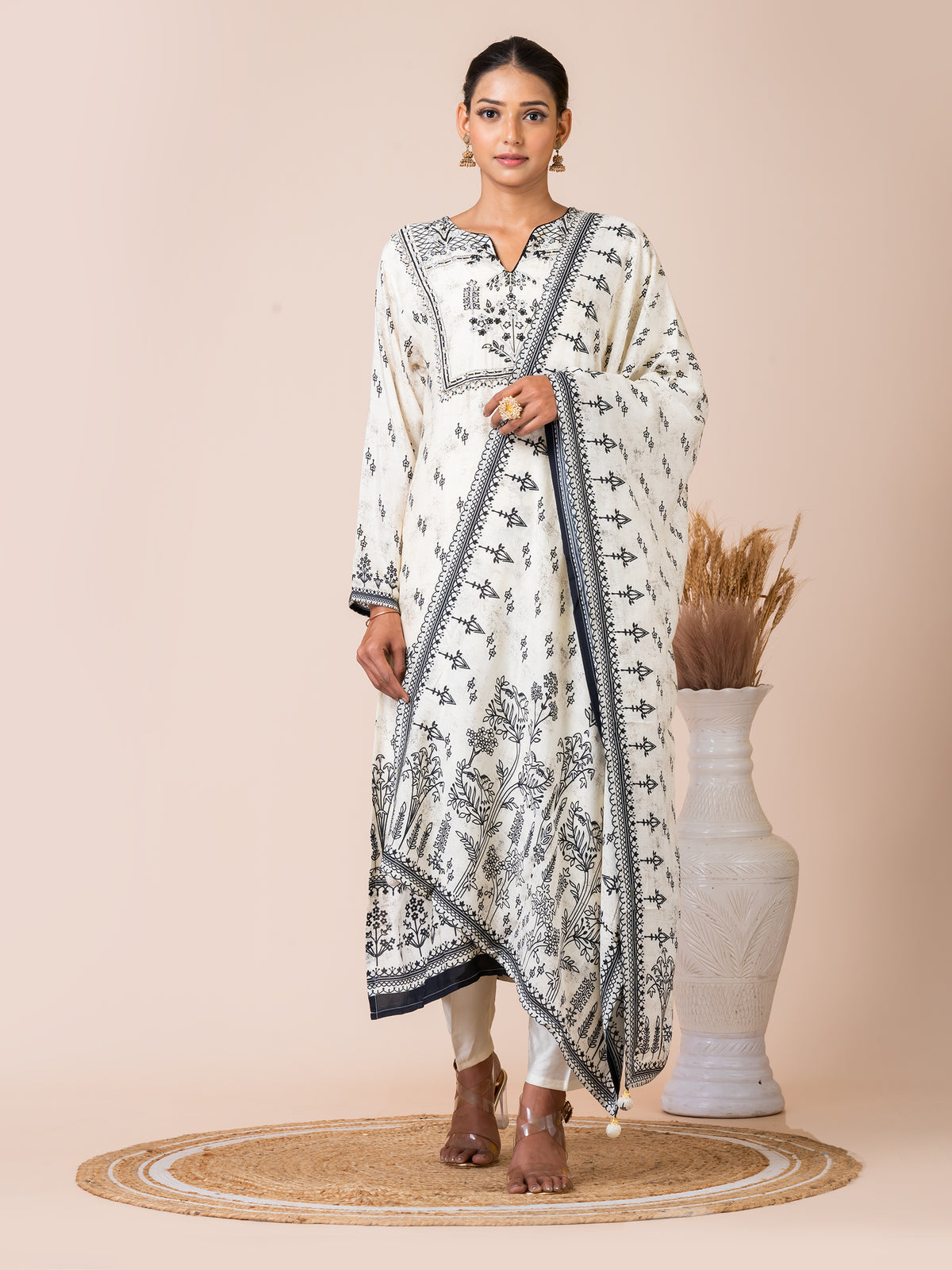 Black and White Nature Print Kurta Set with Handwork by Sarso Sarso