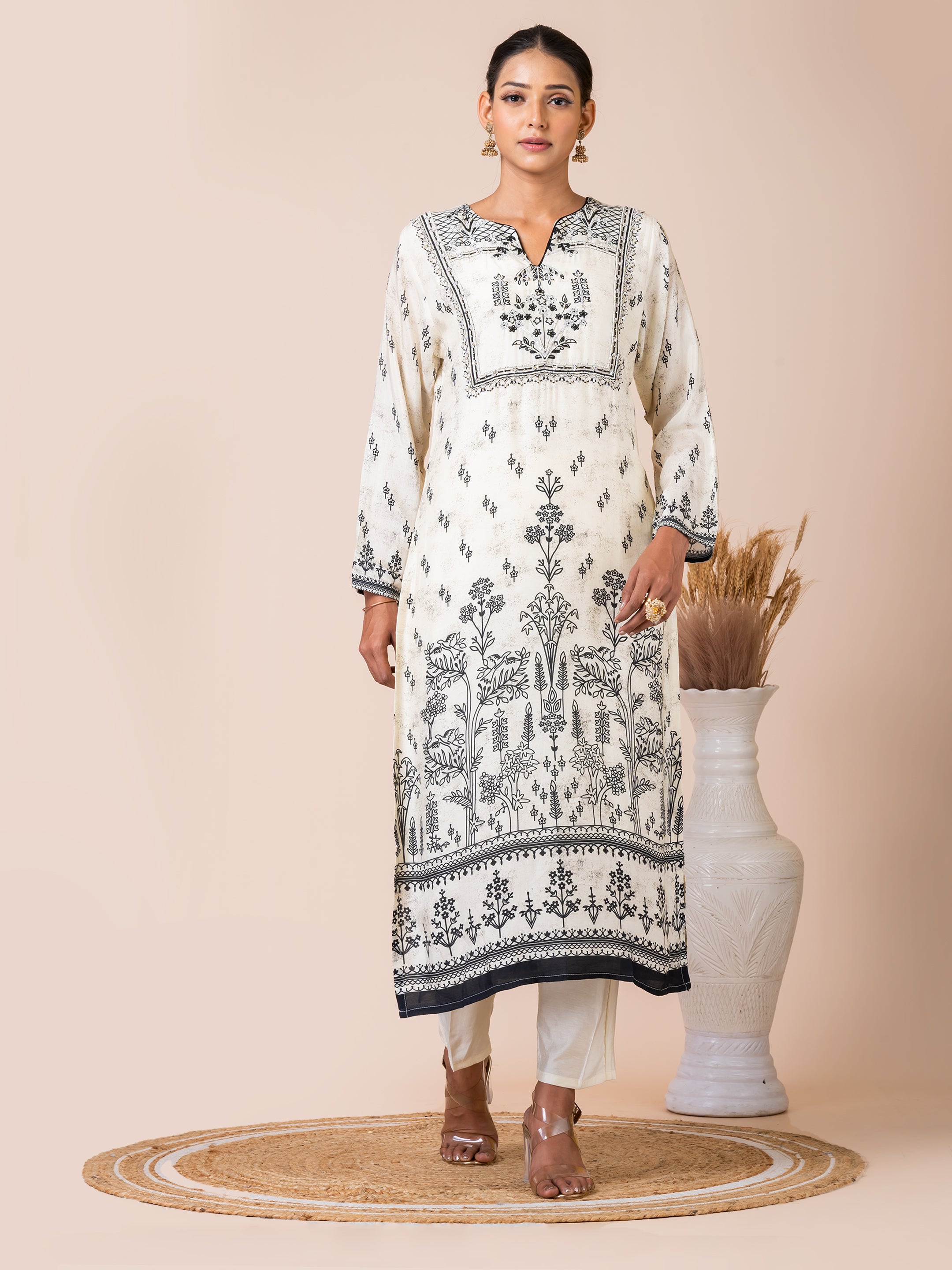 Black and White Nature Print Kurta Set with Handwork by Sarso Sarso