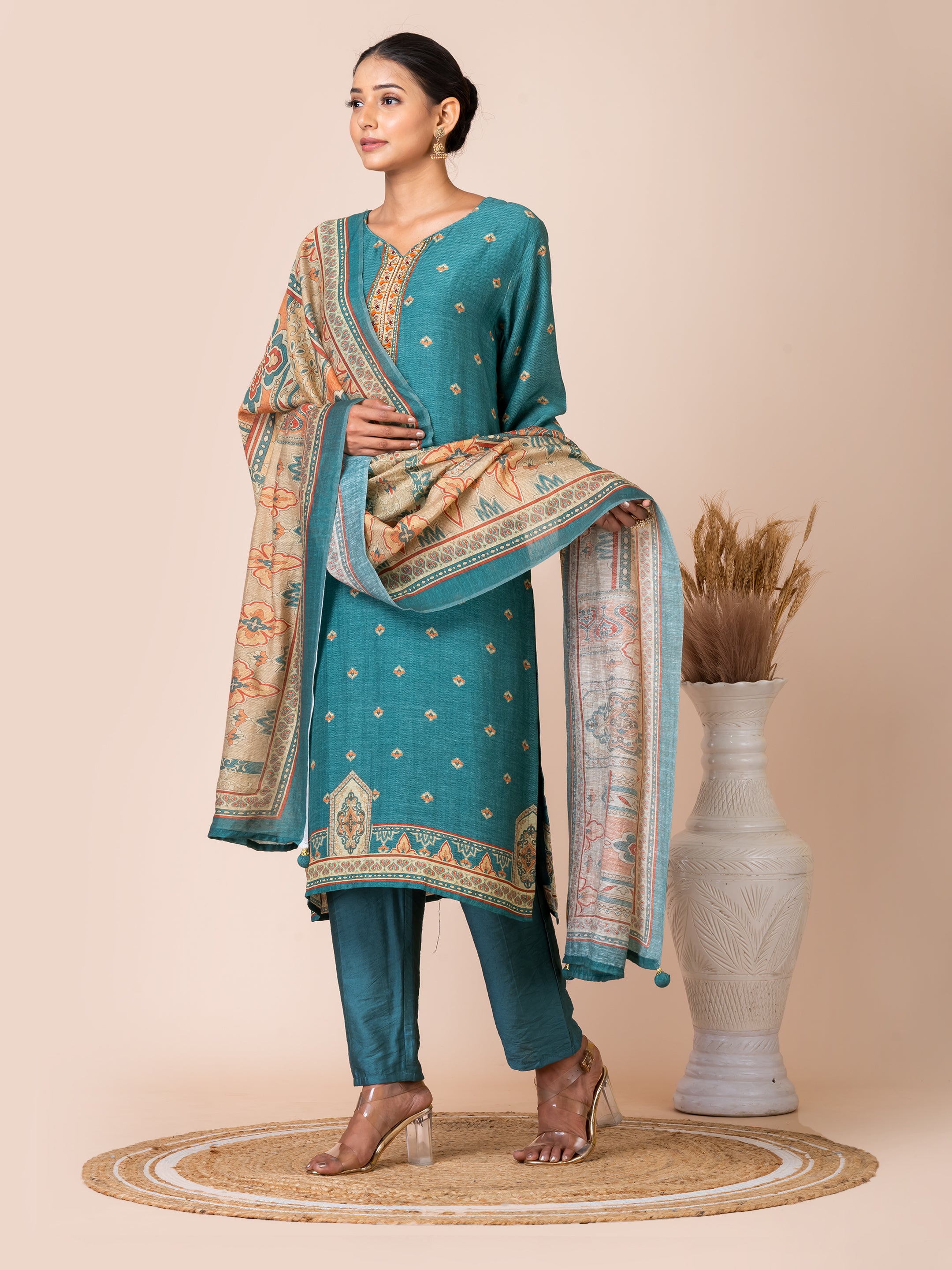 Teal Linen Kurta Set with Handwork by Sarso Sarso