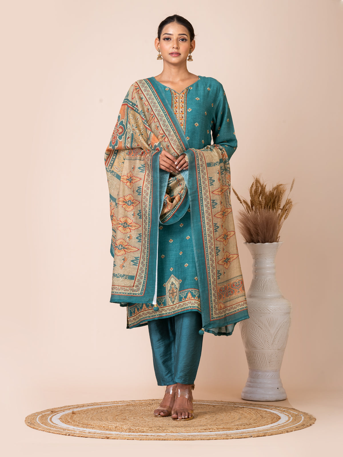 Teal Linen Kurta Set with Handwork by Sarso Sarso