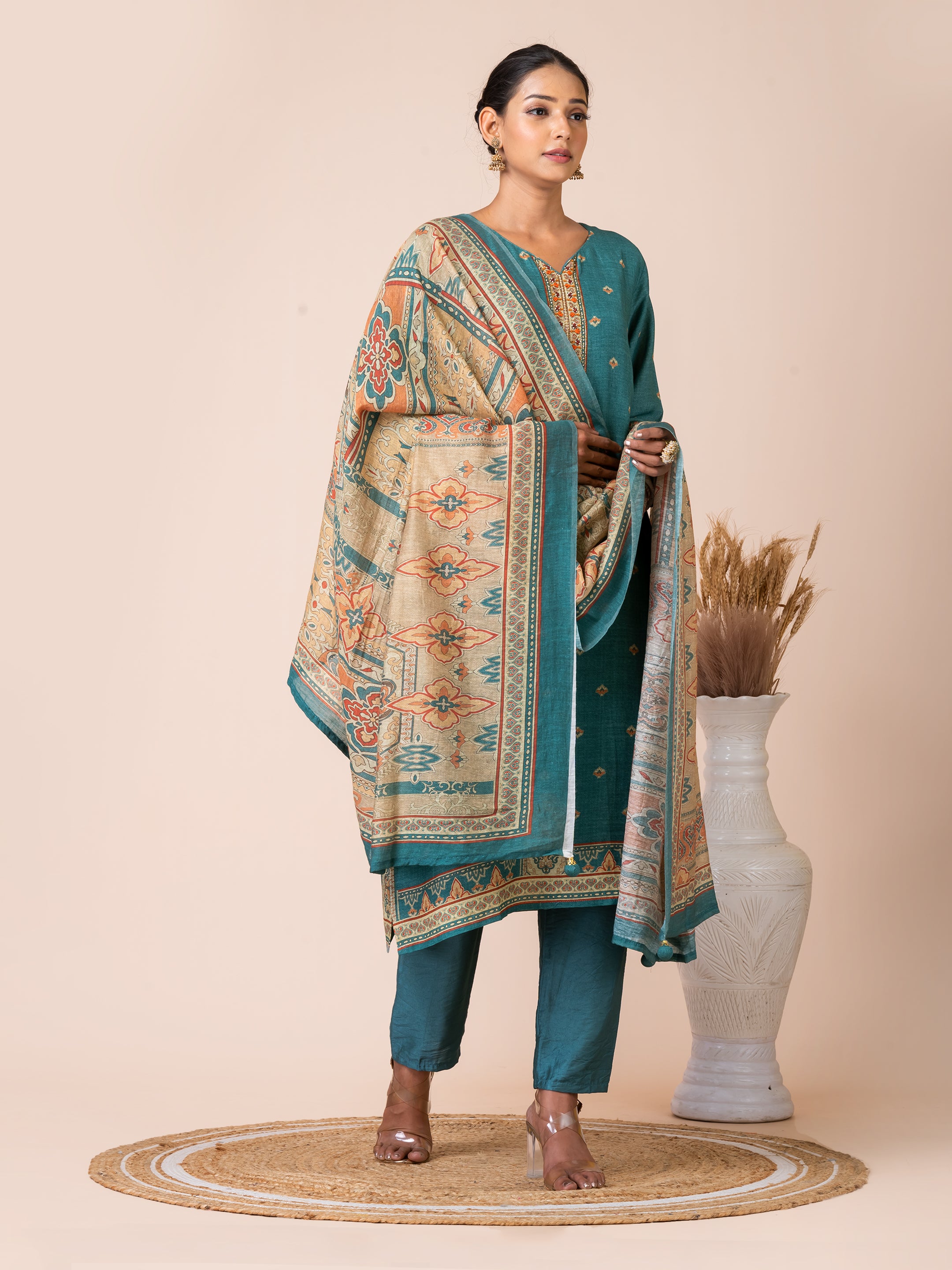 Teal Linen Kurta Set with Handwork by Sarso Sarso