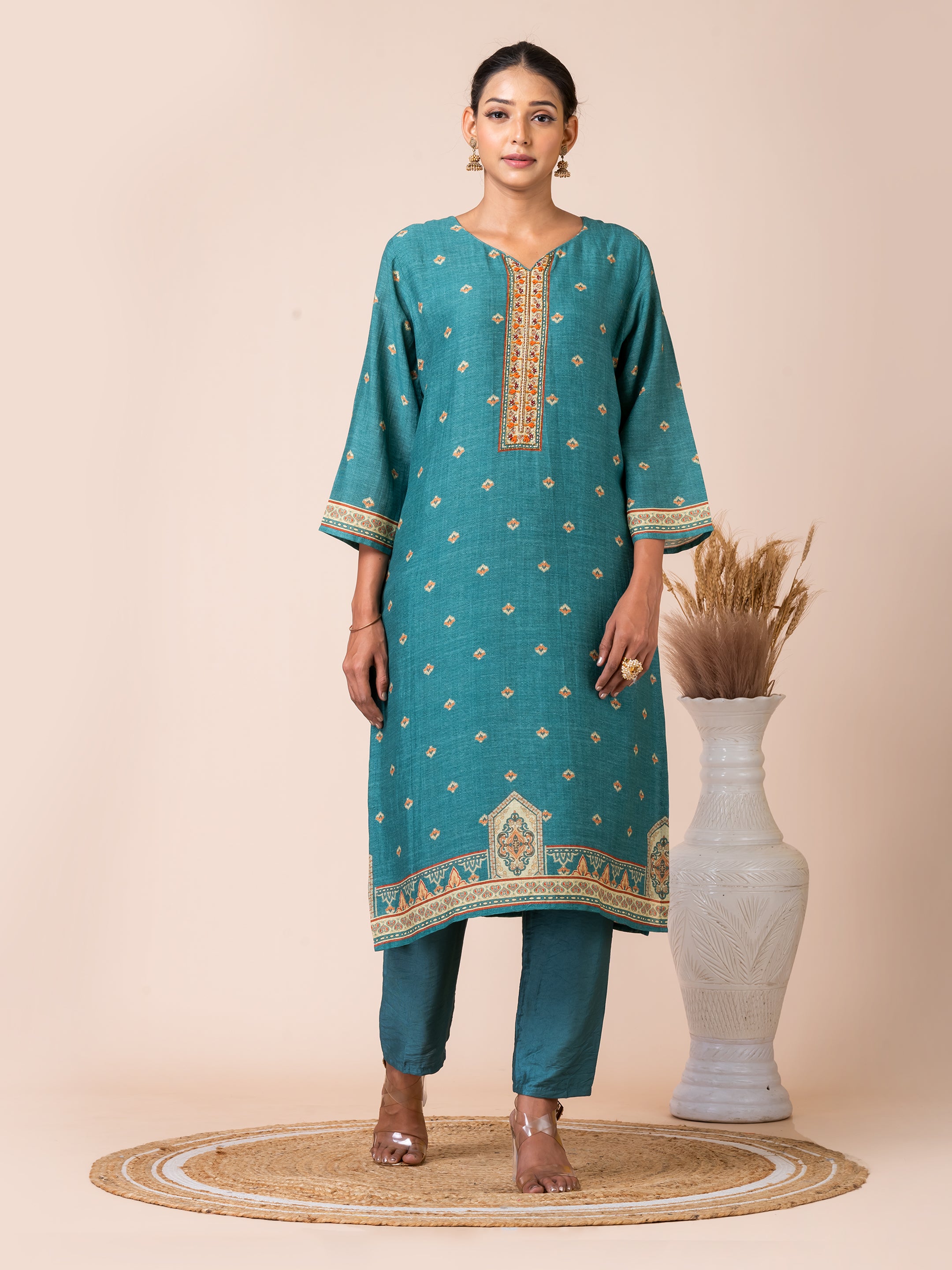 Teal Linen Kurta Set with Handwork by Sarso Sarso