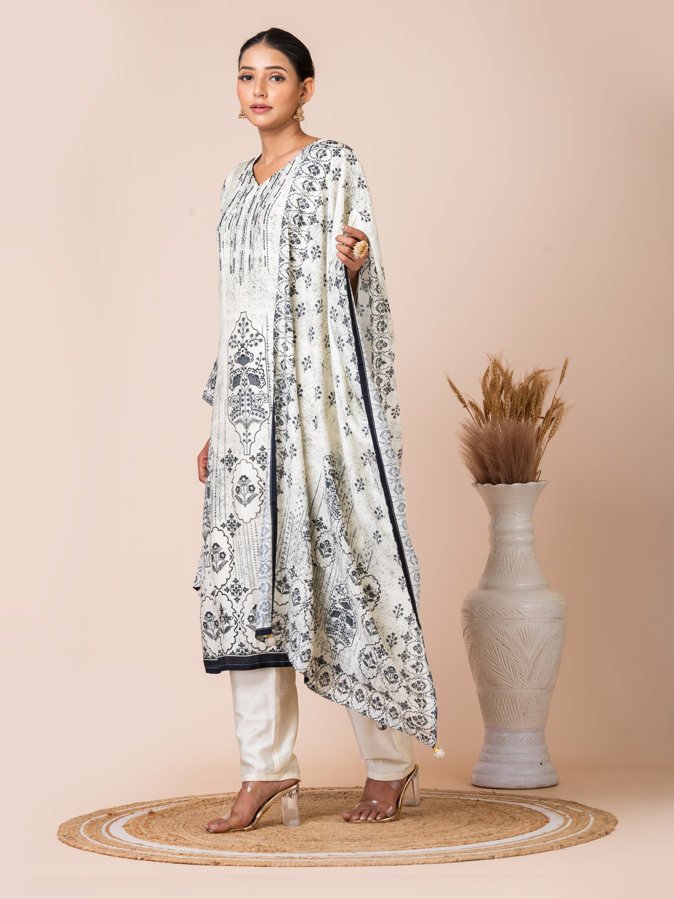 Chic Black and White Printed Kurta Set with Handwork by Sarso Sarso