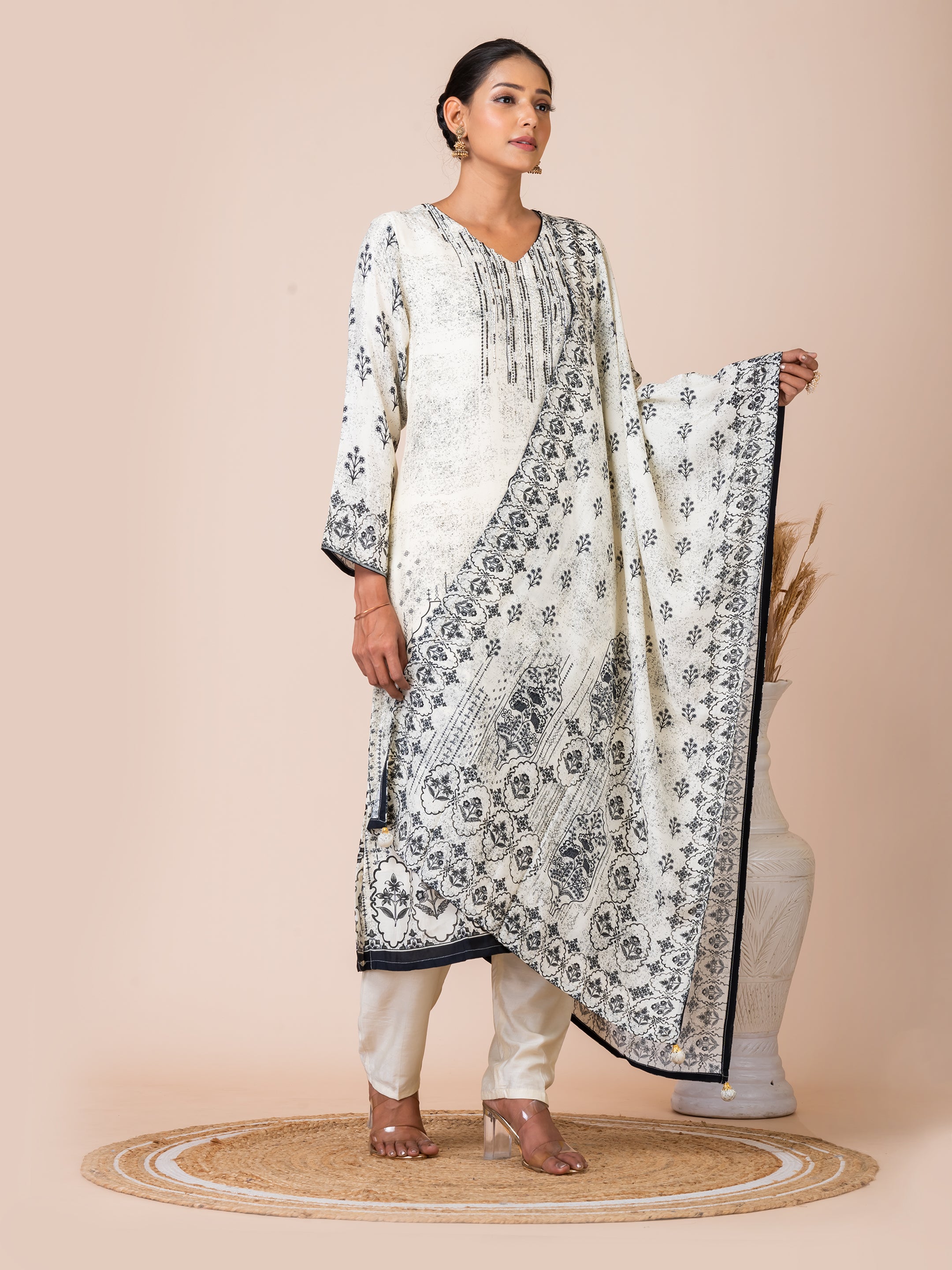 Chic Black and White Printed Kurta Set with Handwork by Sarso Sarso