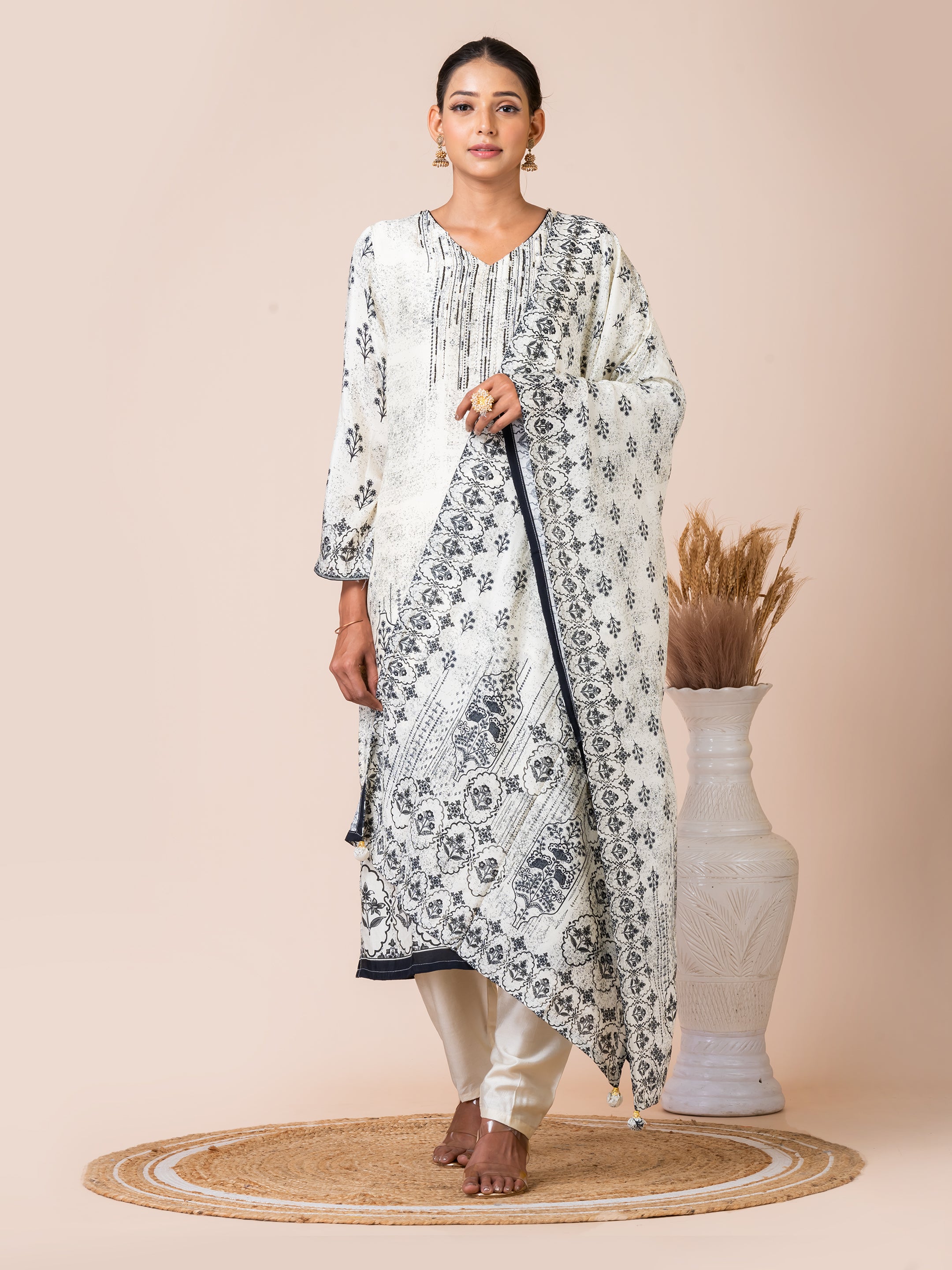 Chic Black and White Printed Kurta Set with Handwork by Sarso Sarso