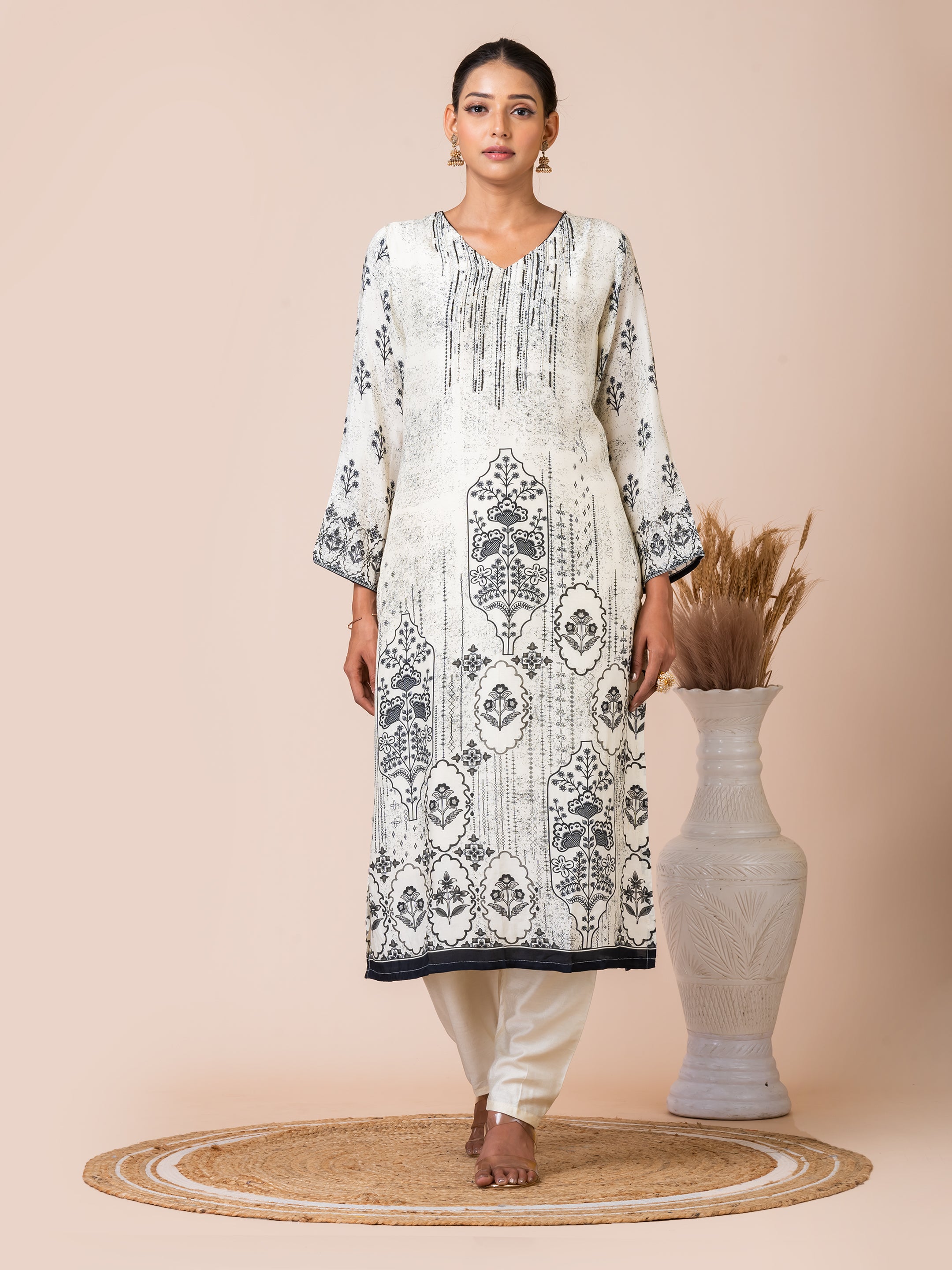 Chic Black and White Printed Kurta Set with Handwork by Sarso Sarso