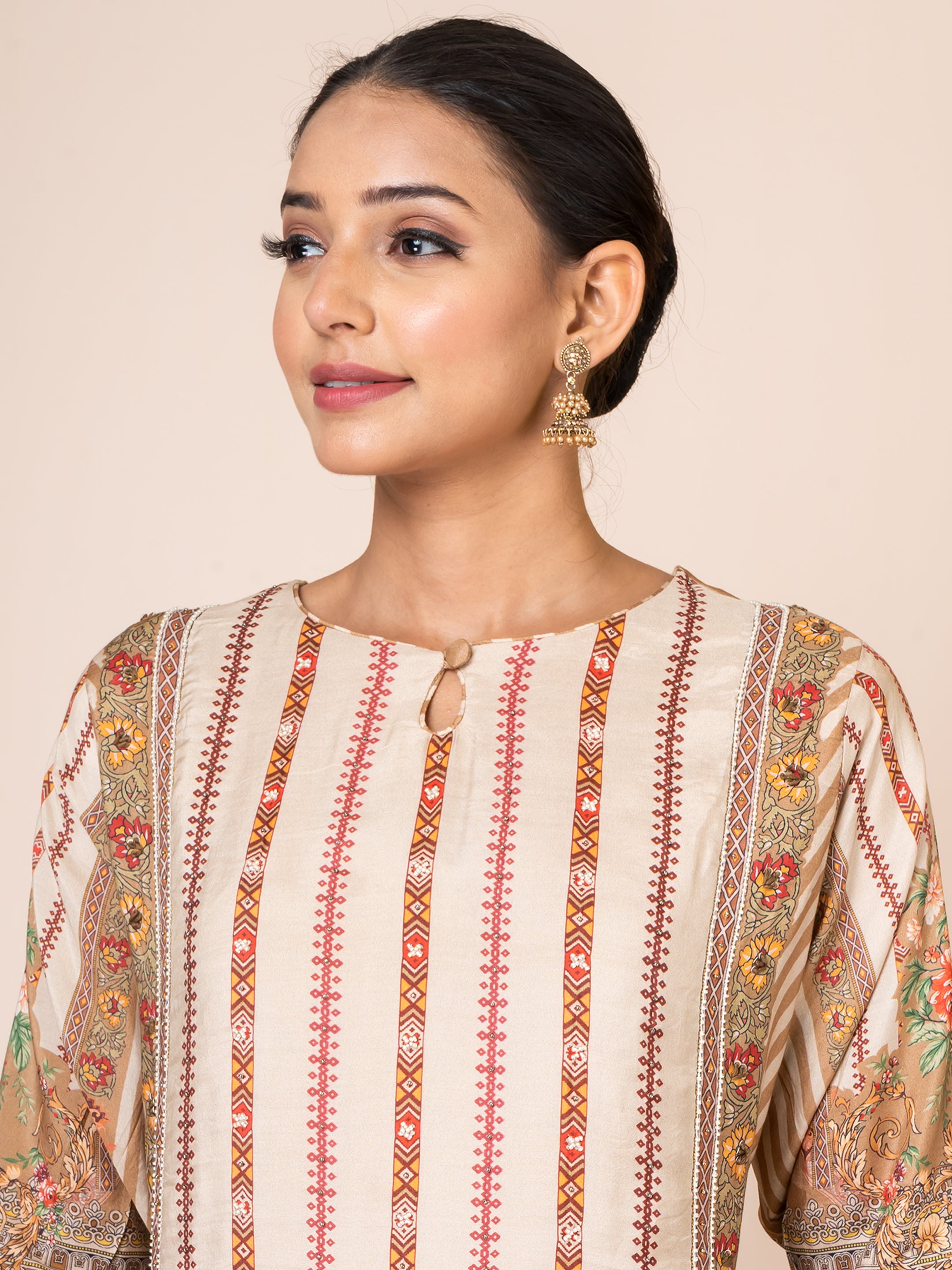 Beige and Peach Panel Style Pakistani Print Kurta Set Sarso