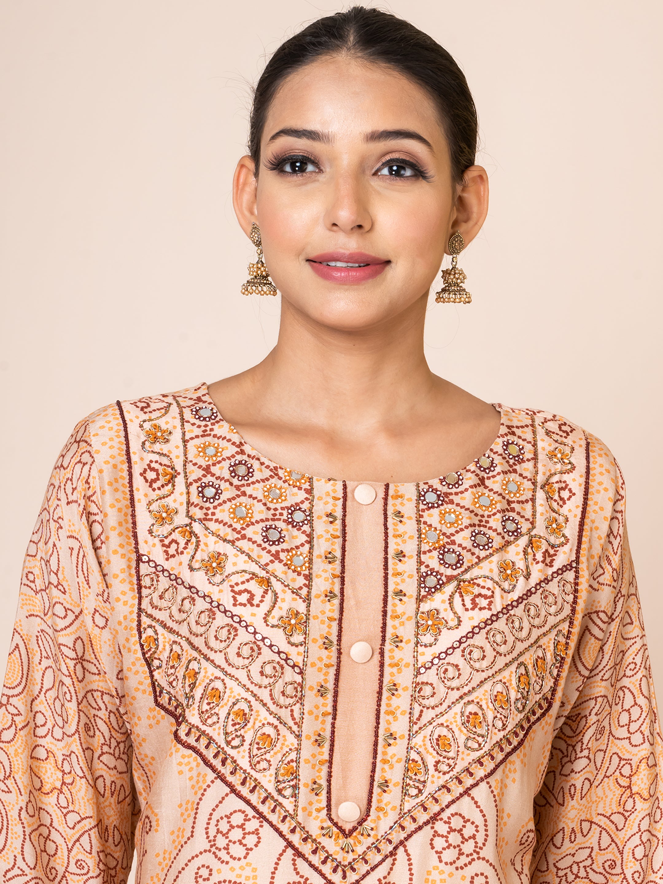 Elegant Beige Bandhani Kurta Set by Sarso Sarso