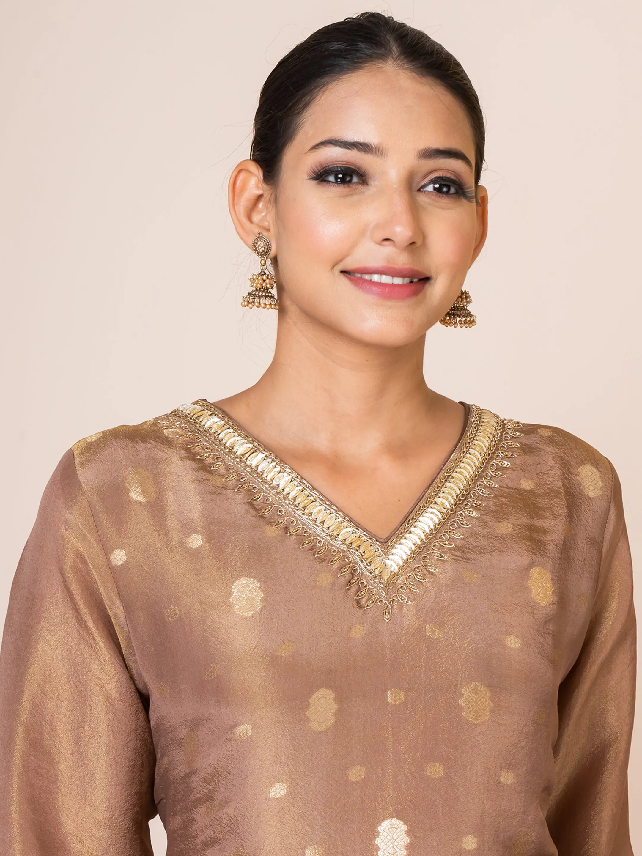 Golden Tissue Jacquard Kurta Set with Exquisite Handwork Sarso