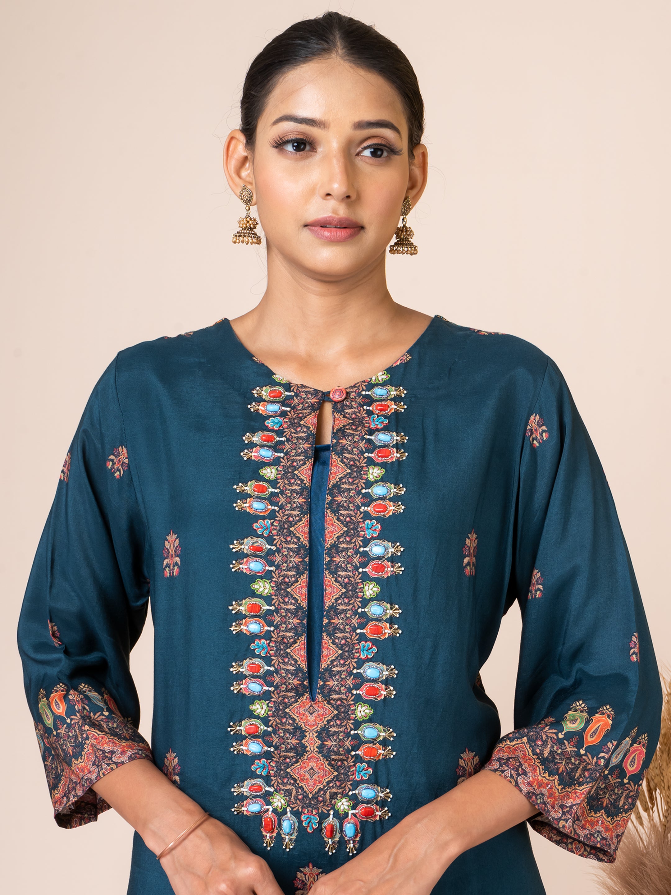 Enchanting Teal Pakistani Print Kurta Set with Stone Work Sarso