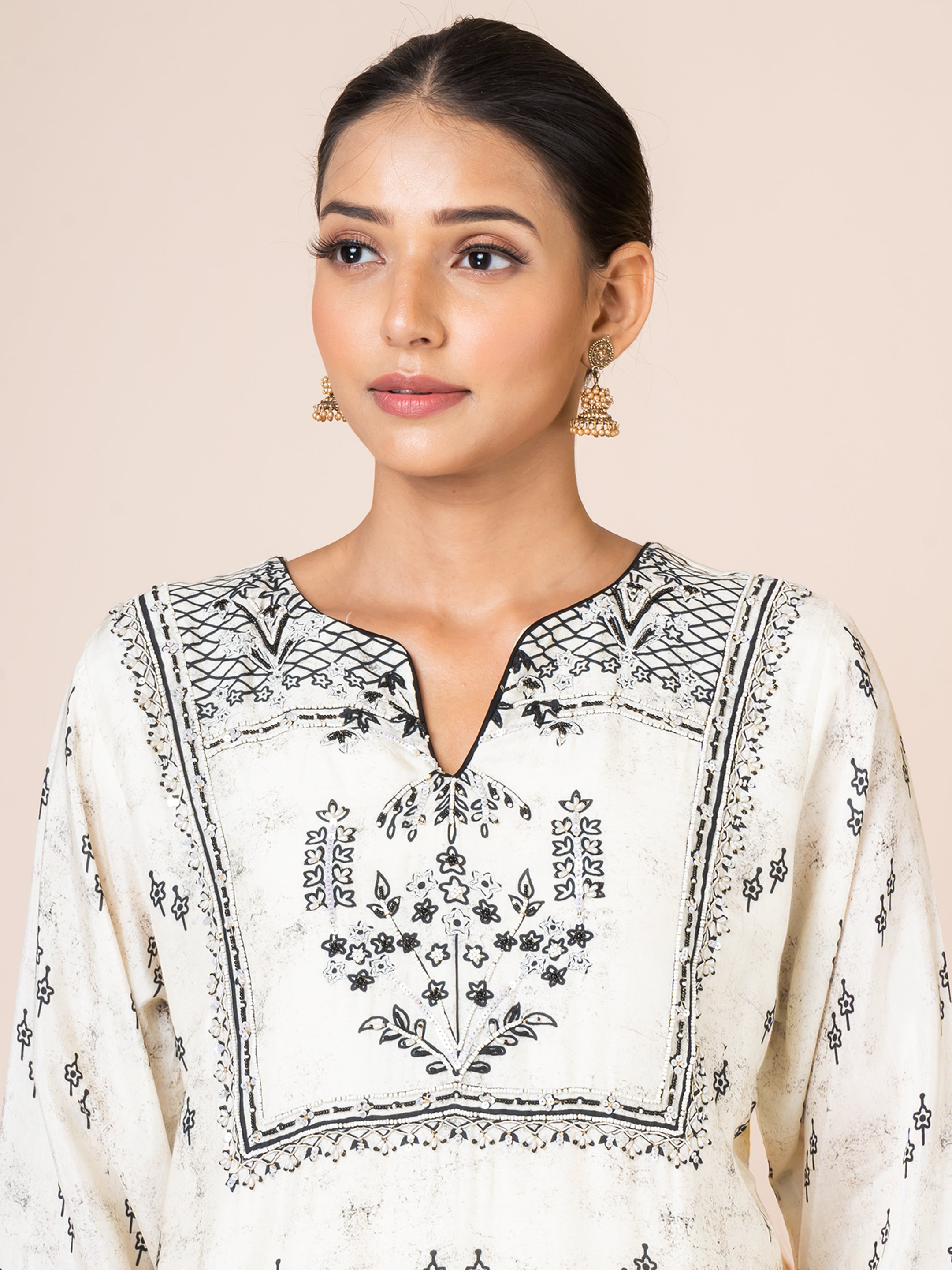 Black and White Nature Print Kurta Set with Handwork by Sarso Sarso