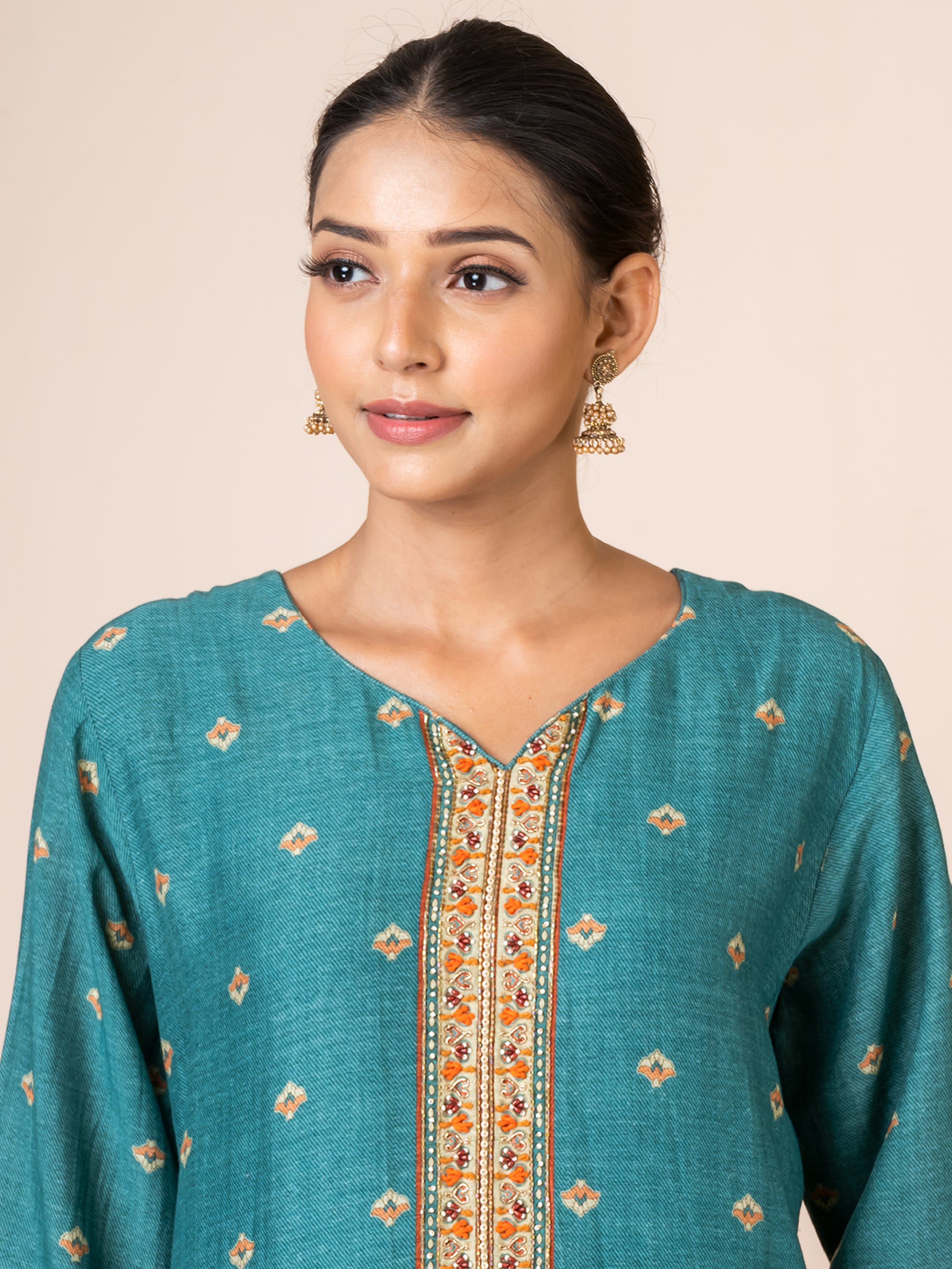 Teal Linen Kurta Set with Handwork by Sarso Sarso