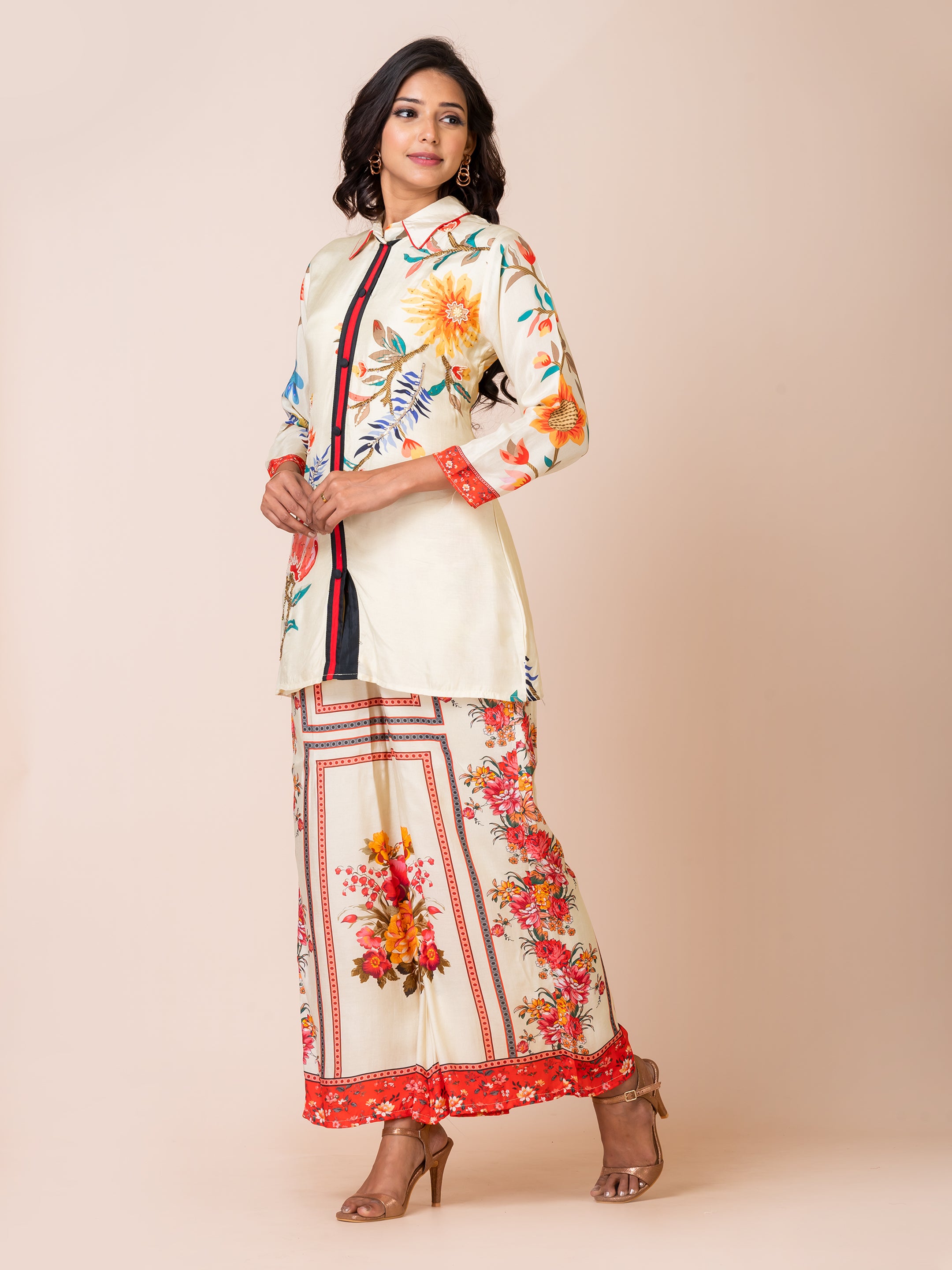 Chic Floral Co-ord Set with Handwork Sarso