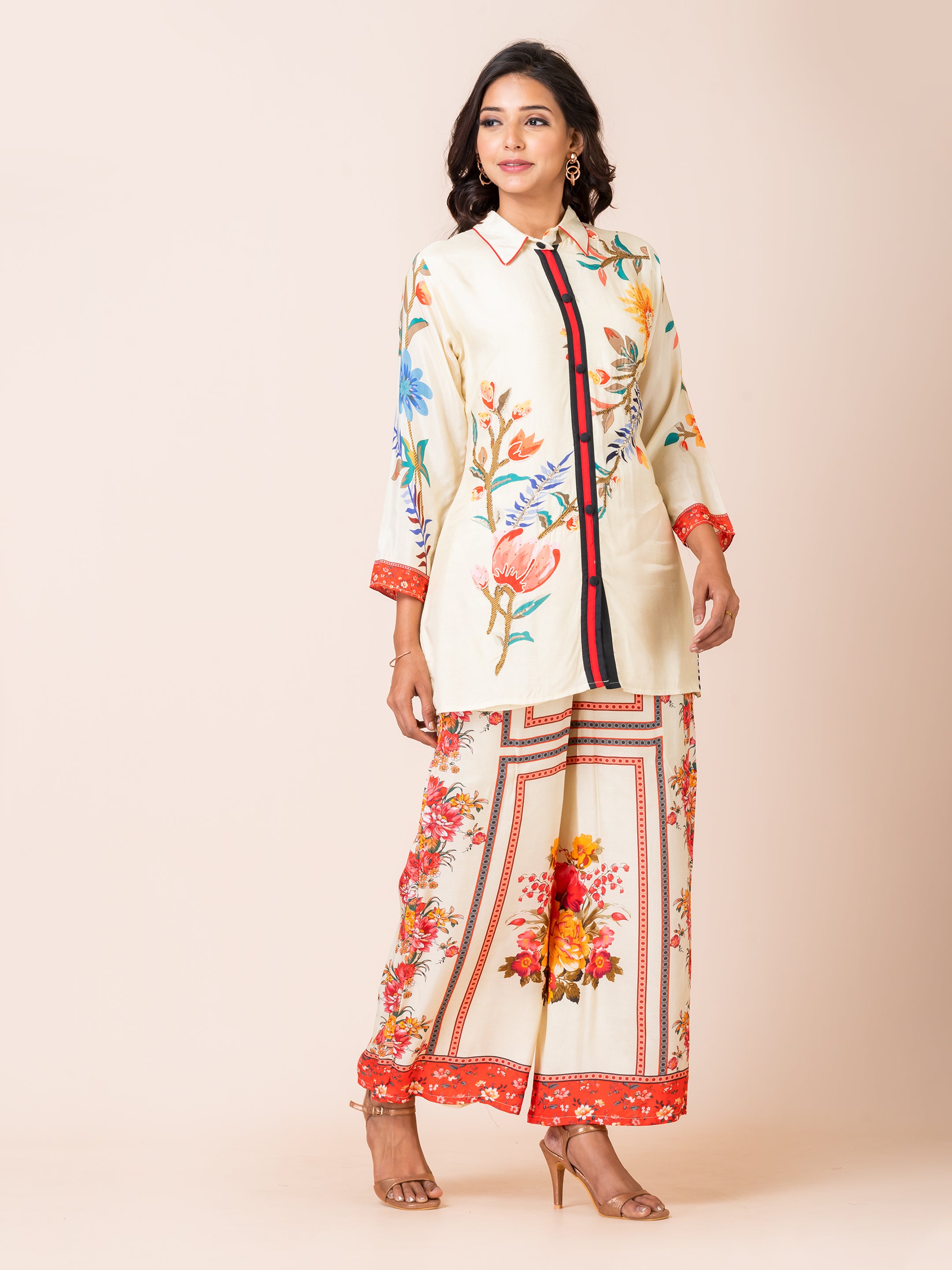 Chic Floral Co-ord Set with Handwork Sarso