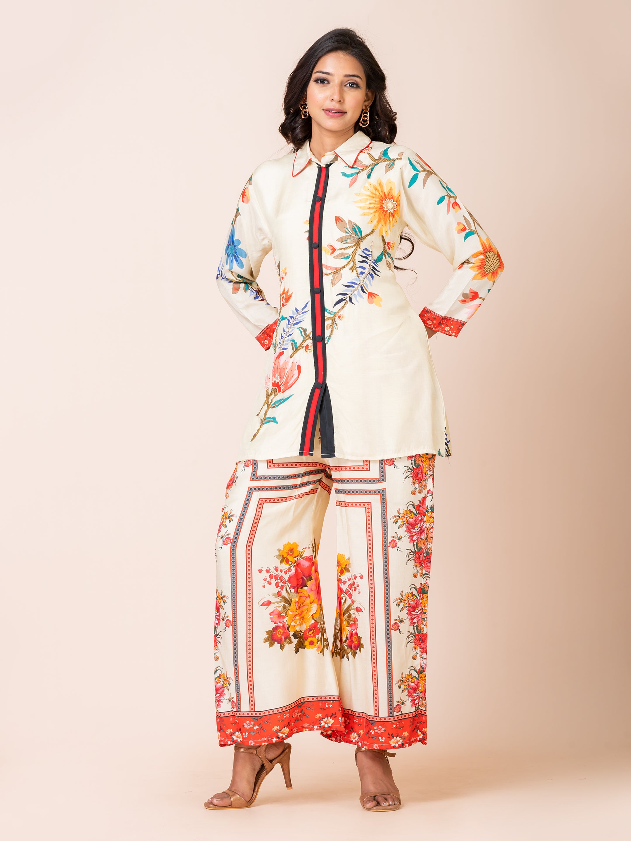 Chic Floral Co-ord Set with Handwork Sarso