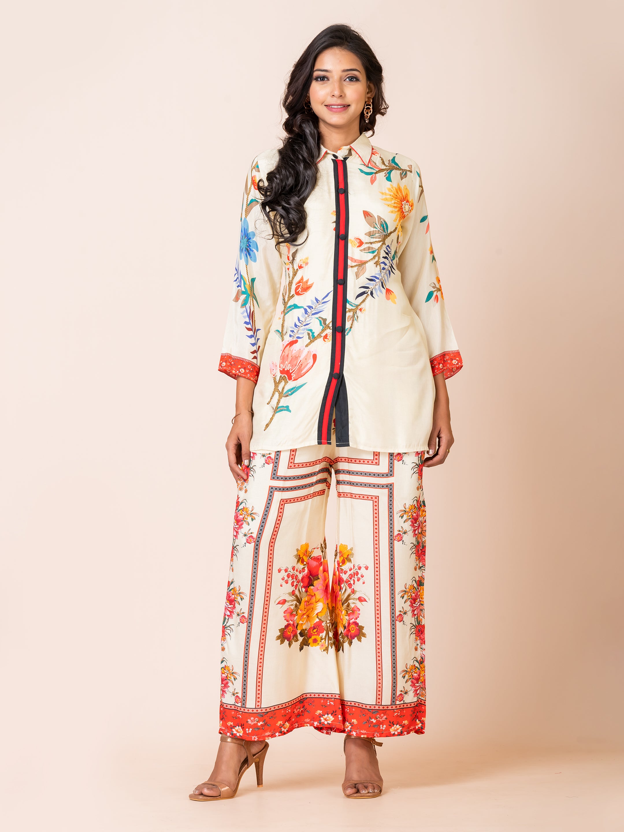 Chic Floral Co-ord Set with Handwork Sarso