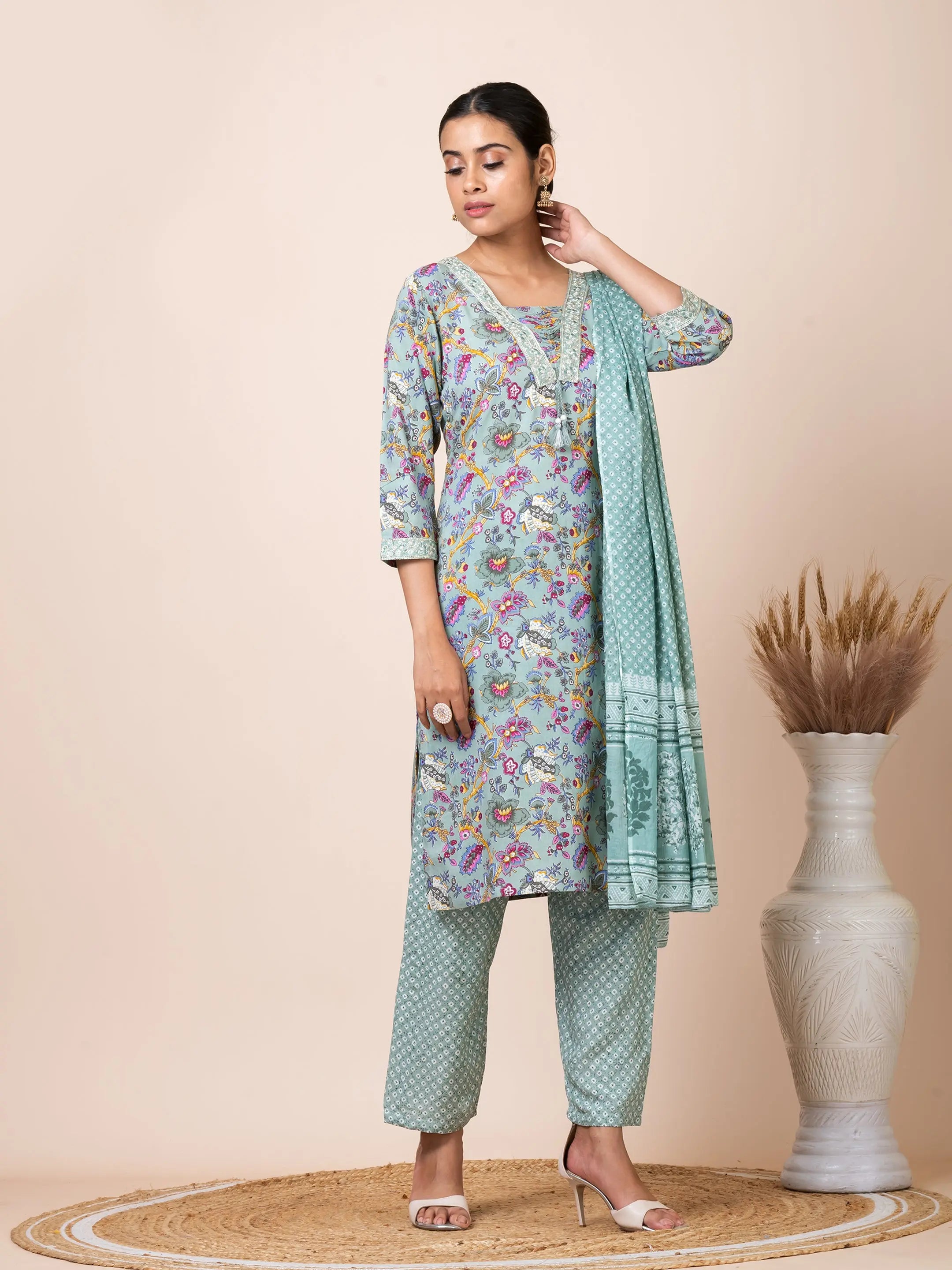 Sarso Aqua Blue Block Printed Salwar Suit Sarso