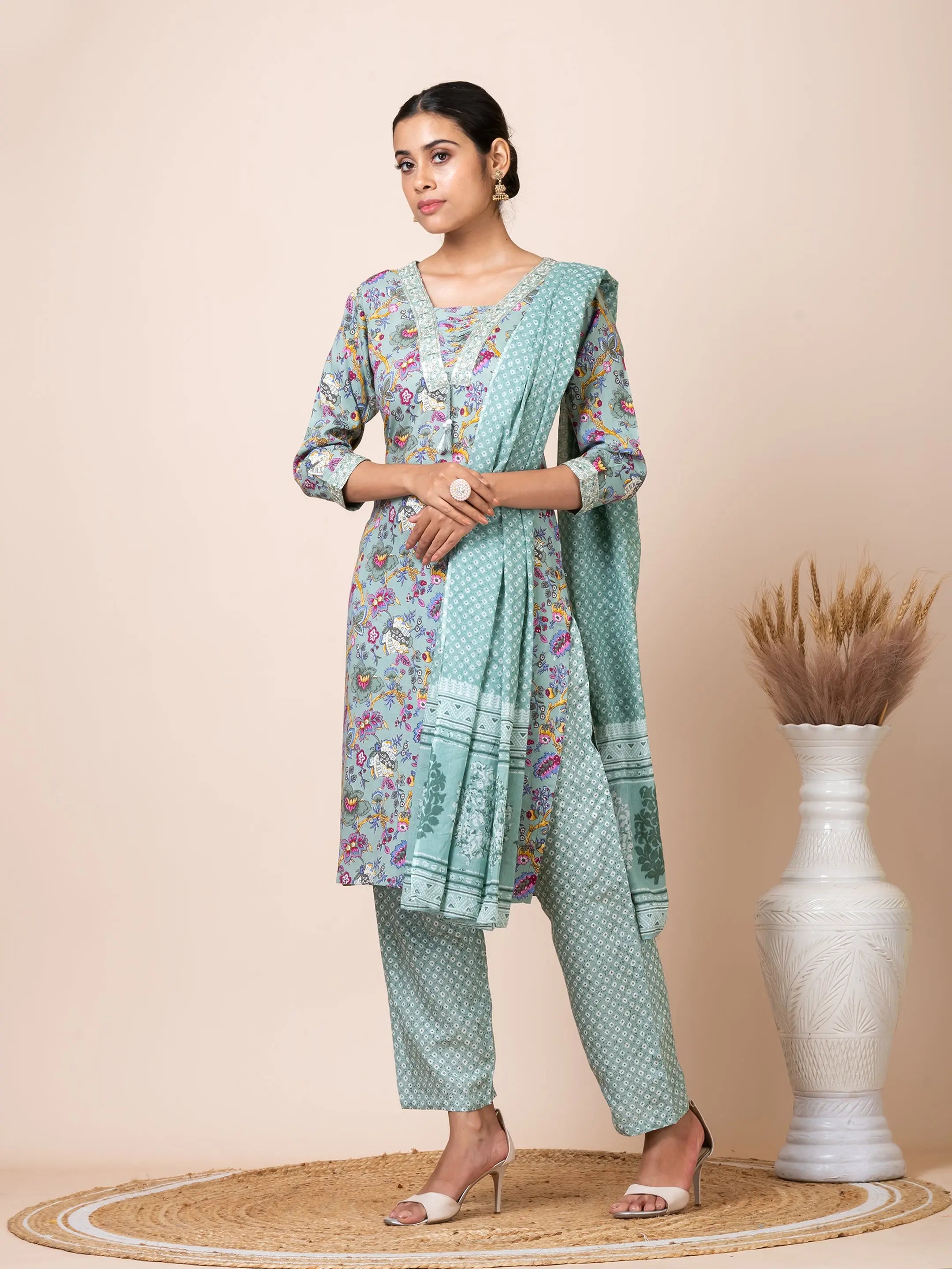 Sarso Aqua Blue Block Printed Salwar Suit Sarso